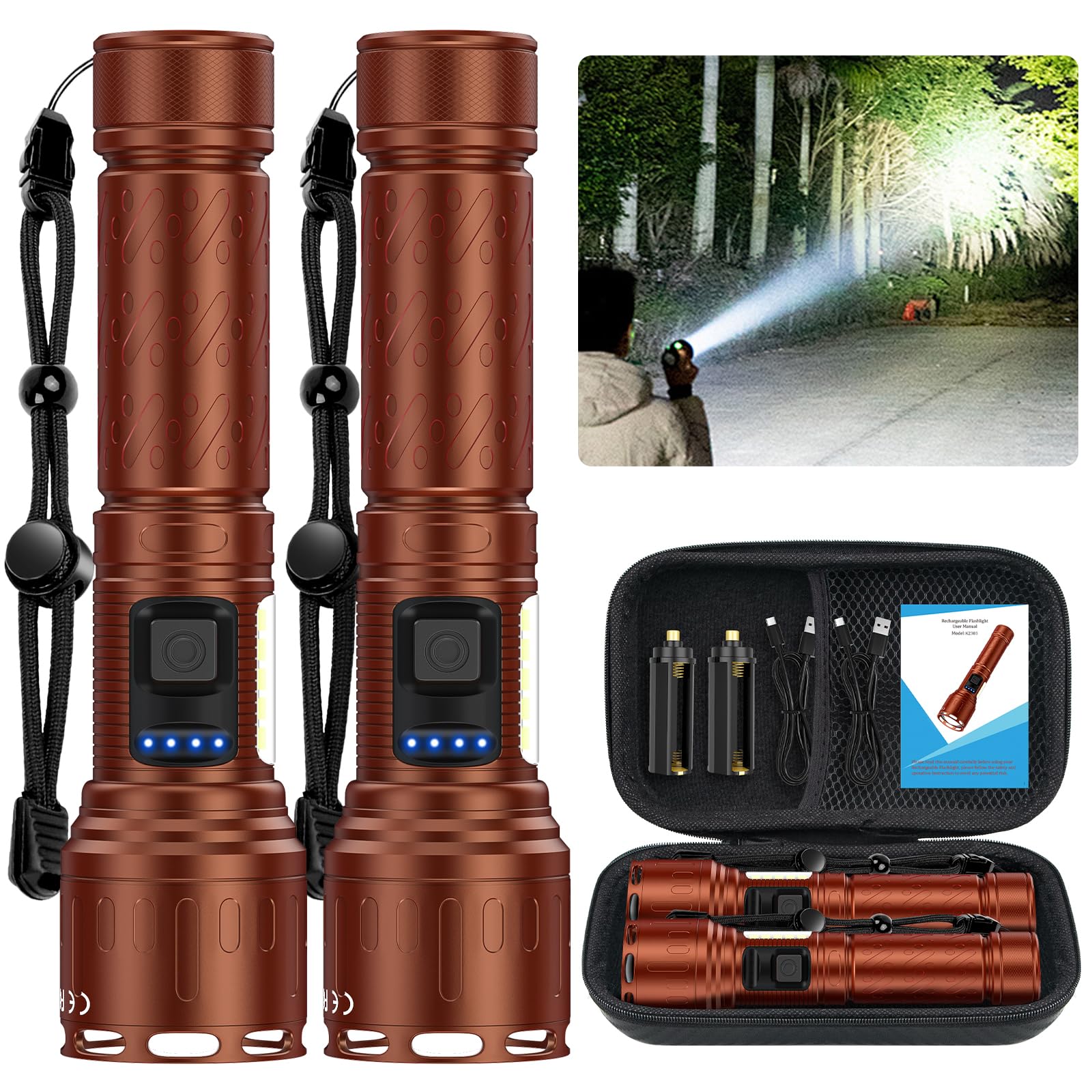 Banral Rechargeable Magnetic Flashlights High Lumens, Super Bright LED Powerful Flashlight 8 Modes with COB Work Light, Waterproof Handheld Flash Light for Camping (2 Pack with Leather Box, Brown)