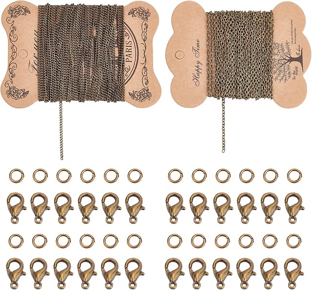 PandaHall Elite 2 Sheets 5m/Sheet Iron Twisted Chains Curb Chains Necklaces with 100 pcs 4mm Jump Rings and 20 pcs Brass Lobster Claw Clasps for DIY Jewellery Making, Antique Bronze