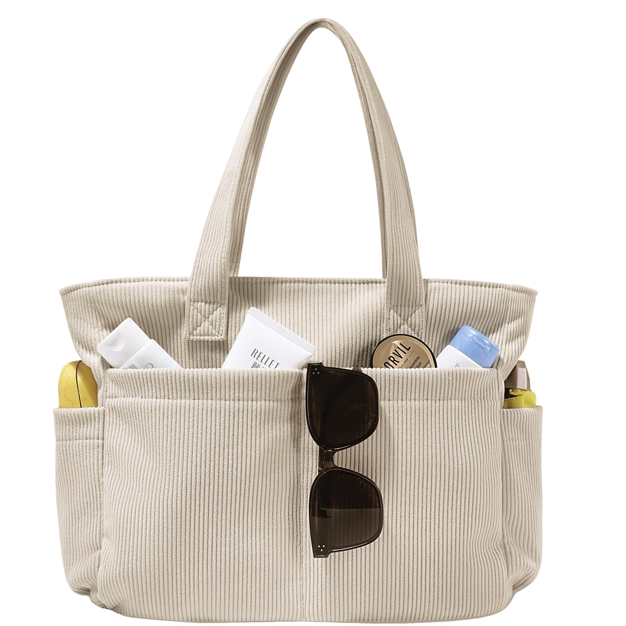 LOTEZAVA Cordtasche Damen Strandtasche Einkaufstasche Große Tote Bag Umhängetasche mit Reißverschluss Mehrere Taschen Handtasche für Arbeit Schule Reisen und Alltag