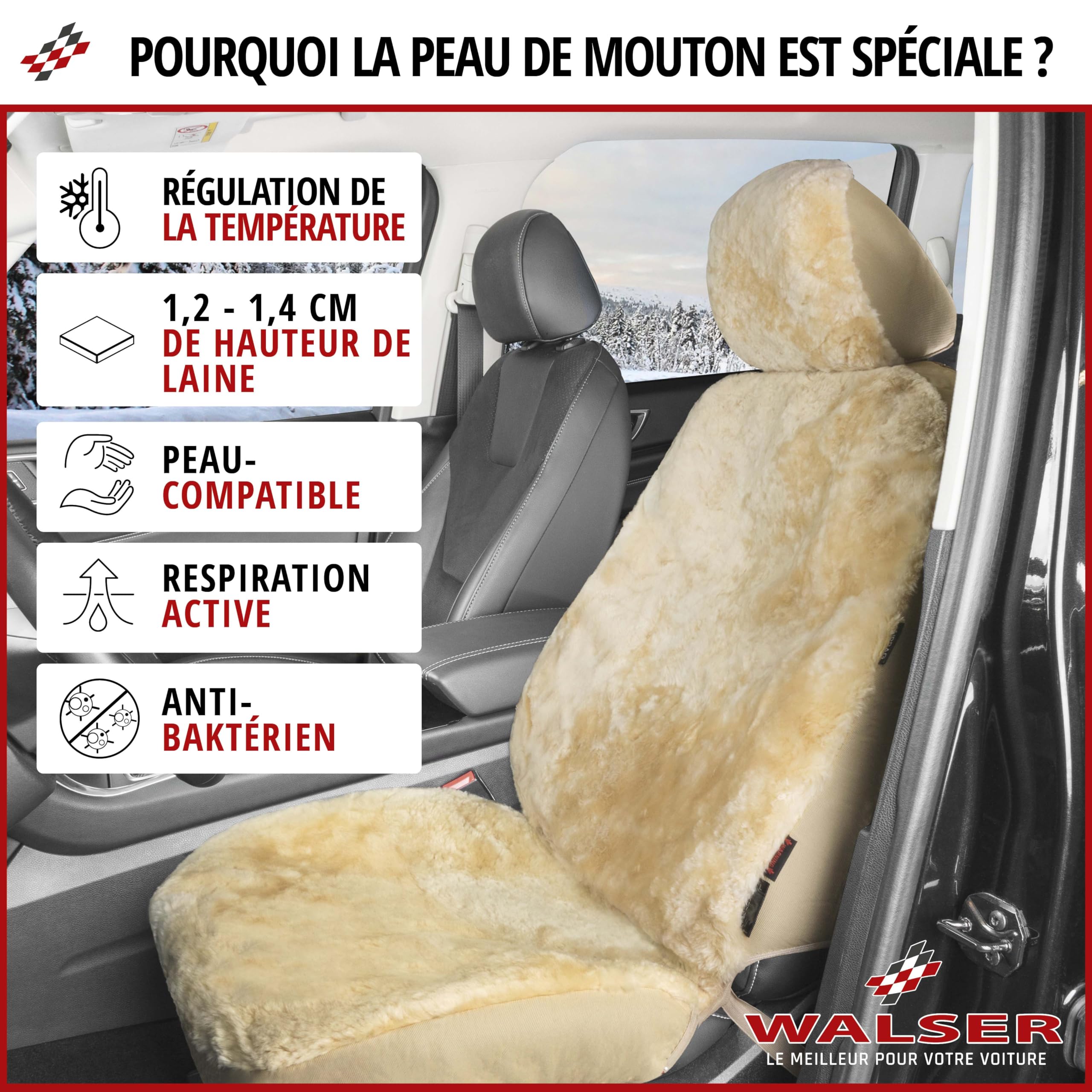 Walser Housse de siège Auto en Peau d'agneau Iva, 100% Peau de Mouton Housse de siège pour Voiture, 1 pièce de Fourrure d'agneau Housses de sièges Avant de Voiture Beige