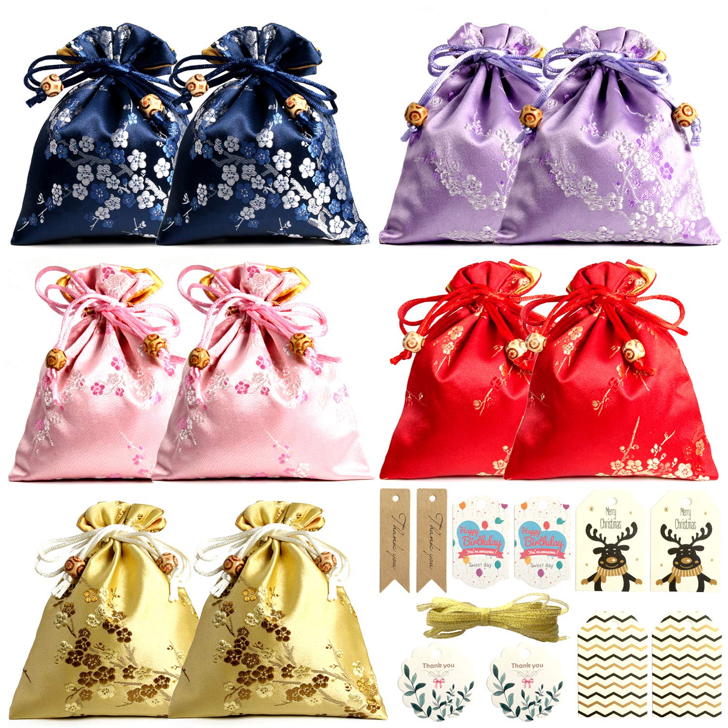 DOUKING10 Count (Pack of 1) Silk Brocade Jewelry Pouch Drawstring Gift Bags Coin Purse Flower Embroidered Sachet Candy Chocolate Bag for Wedding Party Favors (4.7x6 Inch)