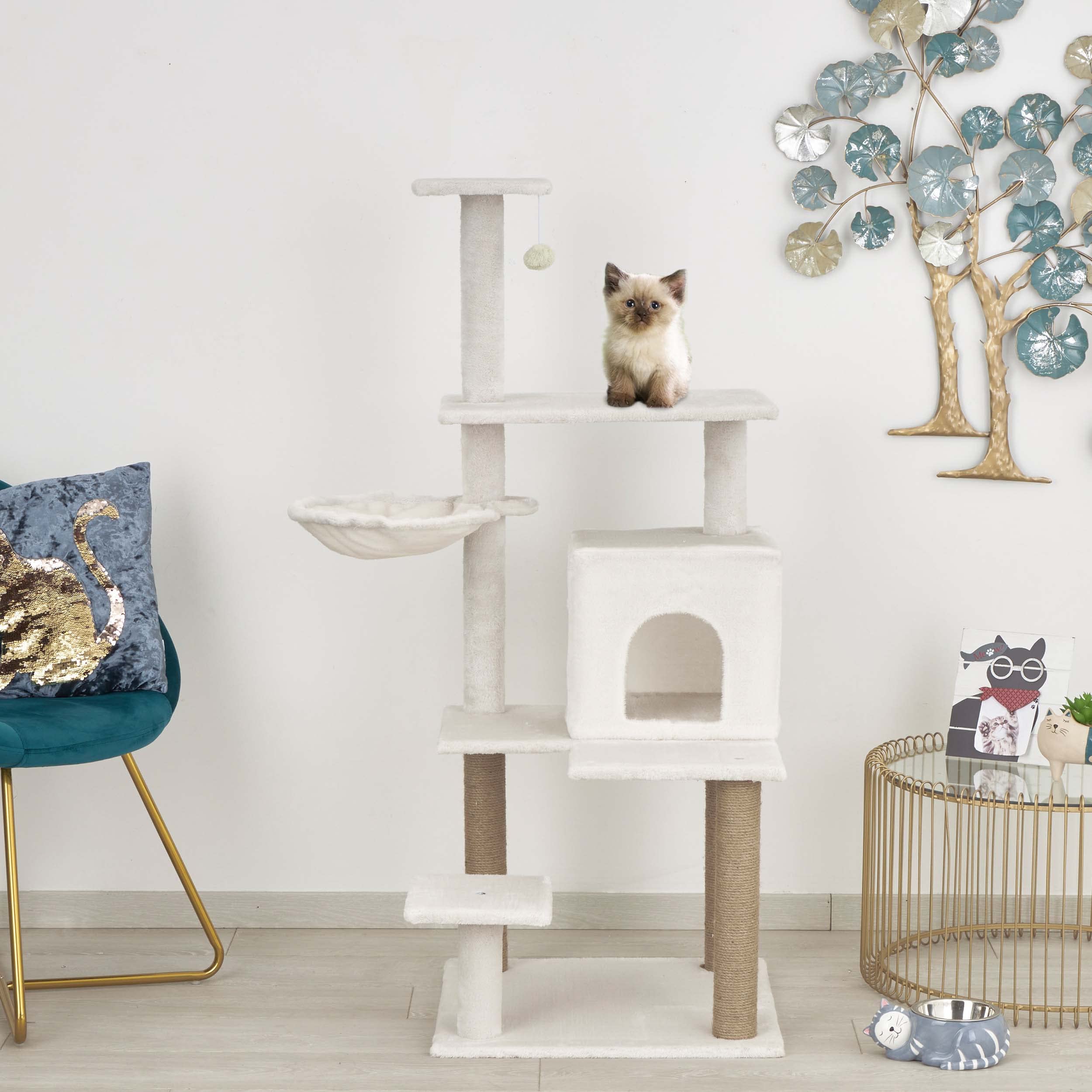 Baroni Home Árbol Rascador para Gatos, Árbol Rascador para Gatos y Gatitos, Árbol Rascador de 4 Pisos con Pelota, Hamaca y Perrera Rectangular, 75x55x125 cm, Crema