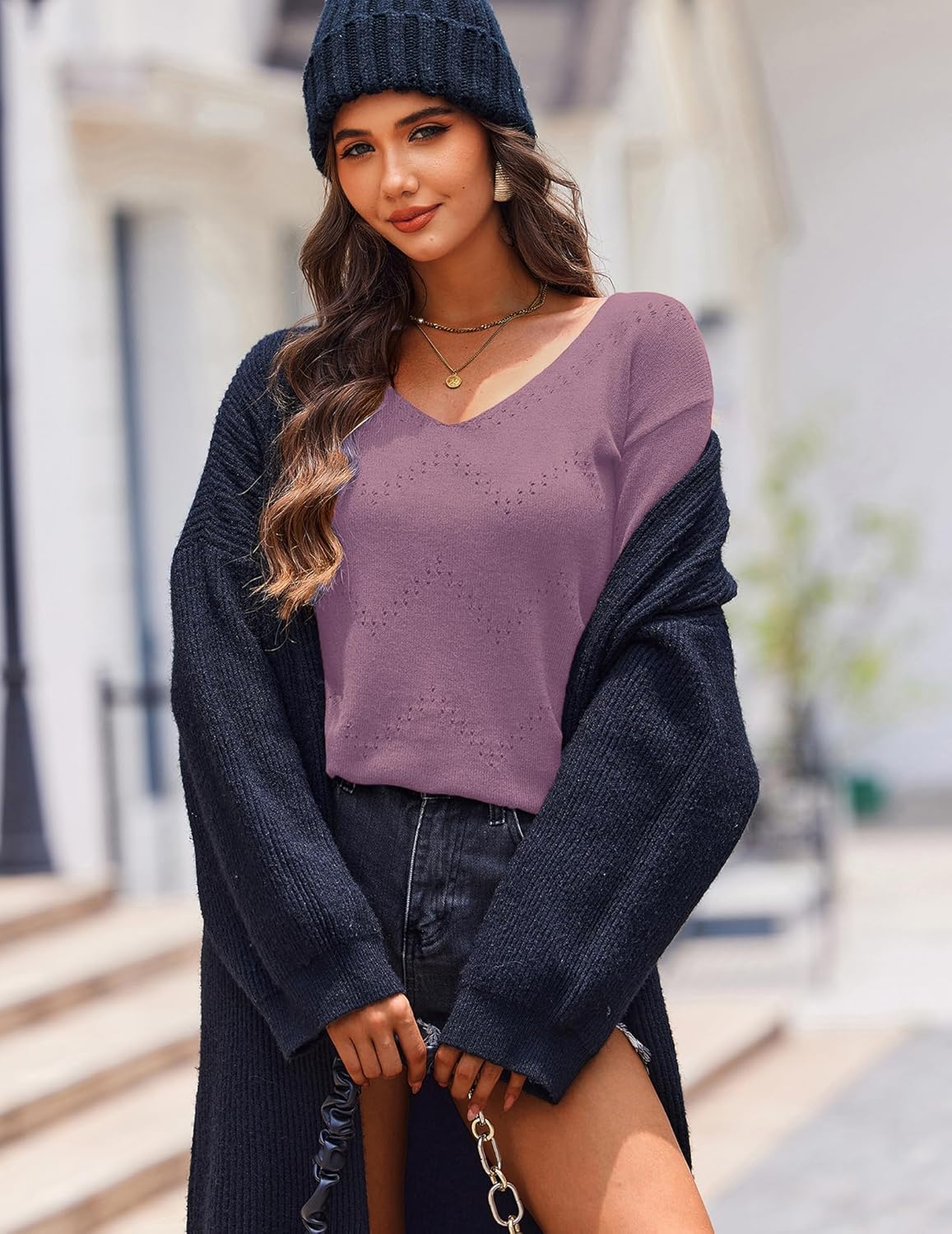 Zeagoo Womens Sweaters Fall Trendy Casual Long Sleeve Shirt Lightweight V Neck Off Shoulder Crochet Pullover Top Outfit - Image 3