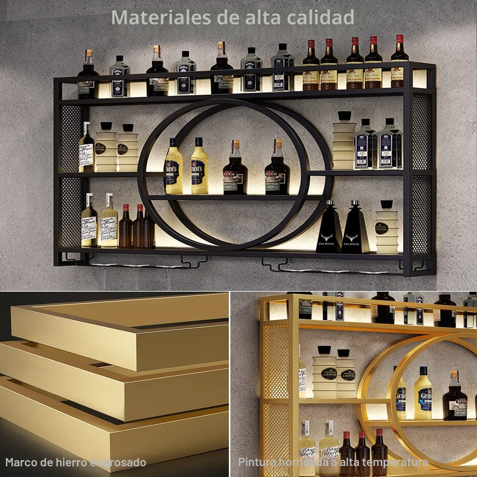 Estante de vino montado en la pared con luz , unidad de barra flotante estante de exhibición de botellas de licor, estante de almacenamiento multifuncional con soporte para copas de (100x15x80cm)