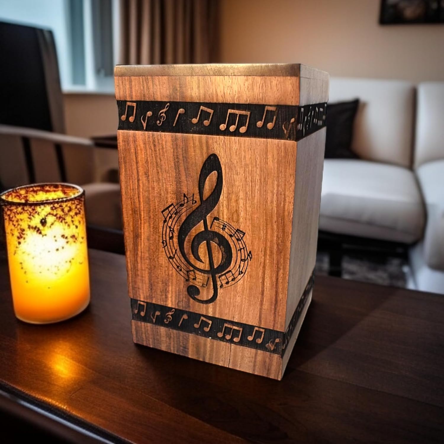 Elegant Wooden Music Note Cremation Urn Box - Personalized Memorial Keepsake for Ashes, Handcrafted with Musical Symbol Design
