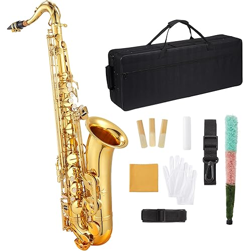 Senfot Brass Bb Tenor Saxophone Set with Case, Cork Grease, Cloth, Shoukder and Leather Neck Strap, Brush, Gloves, Reed; Create a Real and Clear Sound for Beginners and Performances