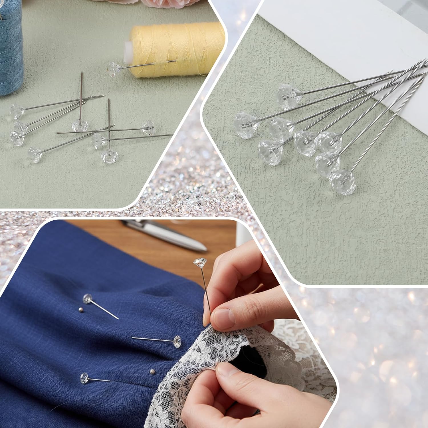 200Pcs Diamond Flower Pins, 2 Inch Rhinestone Corsage Bouquet Pins Clear Crystal Straight Head Bouquet Pin for Flowers, Boutonniere, Wedding, Jewelry DIY Decoration, Quilting and Craft