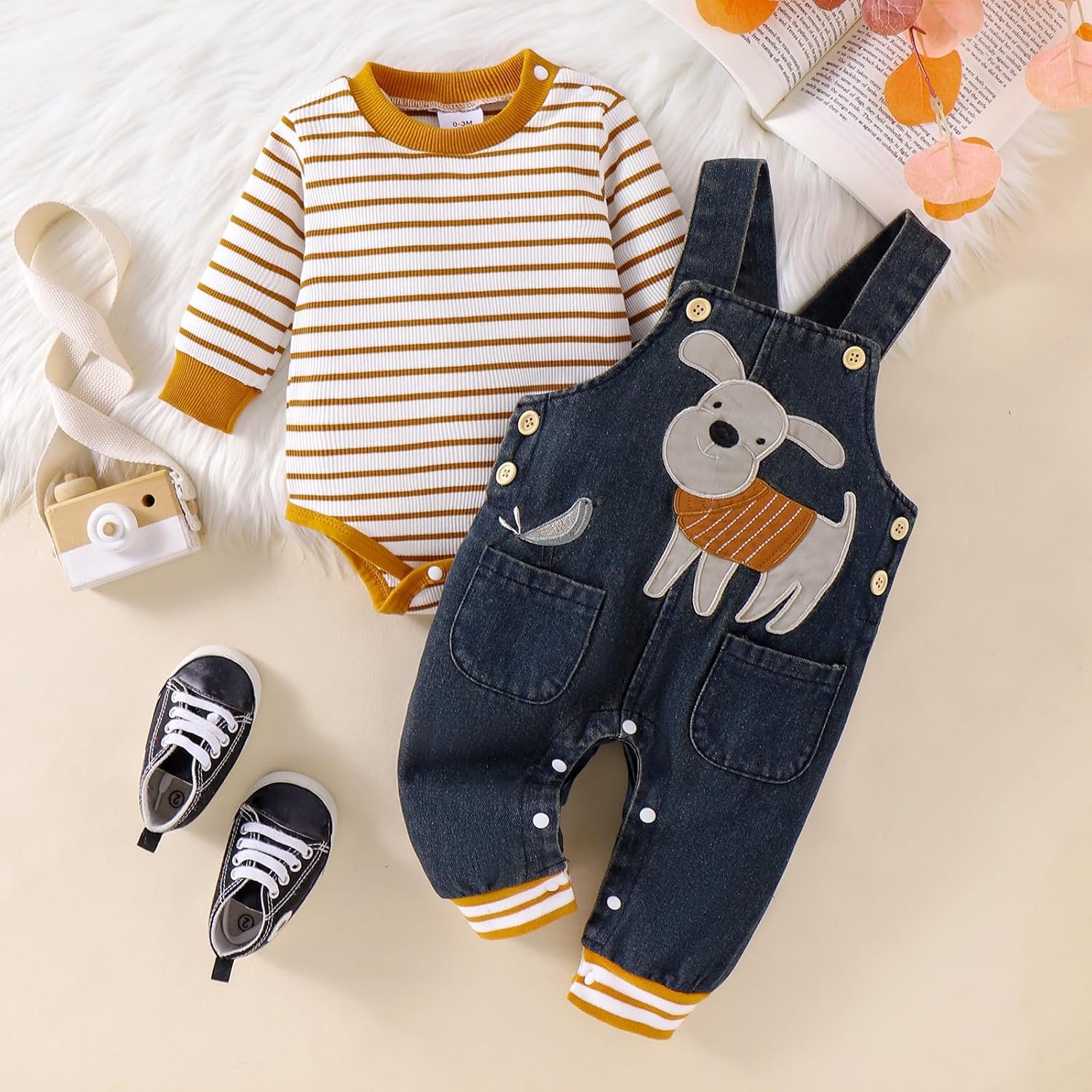 Baby Boy Clothes Fall Winter Outfits Long Sleeve Striped Romper Cute Cartoon Jeans Overalls Pants Set 0-18 Months - Image 2