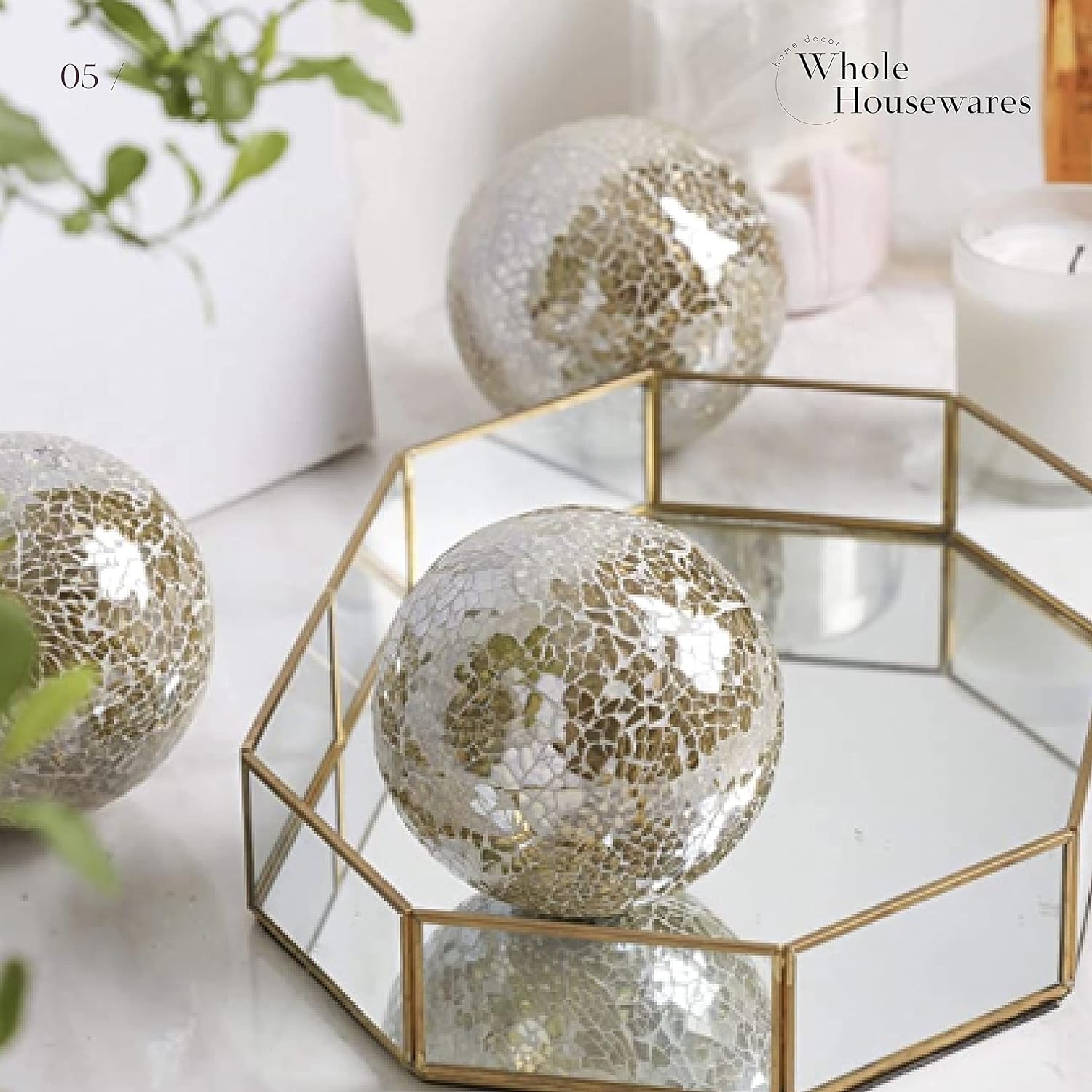 Decorative Orbs Set of 3 Glass Mosaic Sphere Balls Diameter 4" for Bowls, Vases and Table Centerpieces. (Gold) : Home & Kitchen
