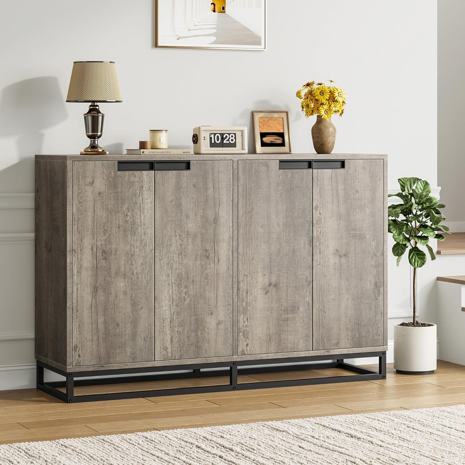 GAOMON 55" Buffet Cabinet, Large Sideboard Buffet Cabinet with Storage, Storage Cabinet with 4 Doors & Adjustable Shelves, Wood Coffee Bar for Living Room, Dining Room, Kitchen, Grey