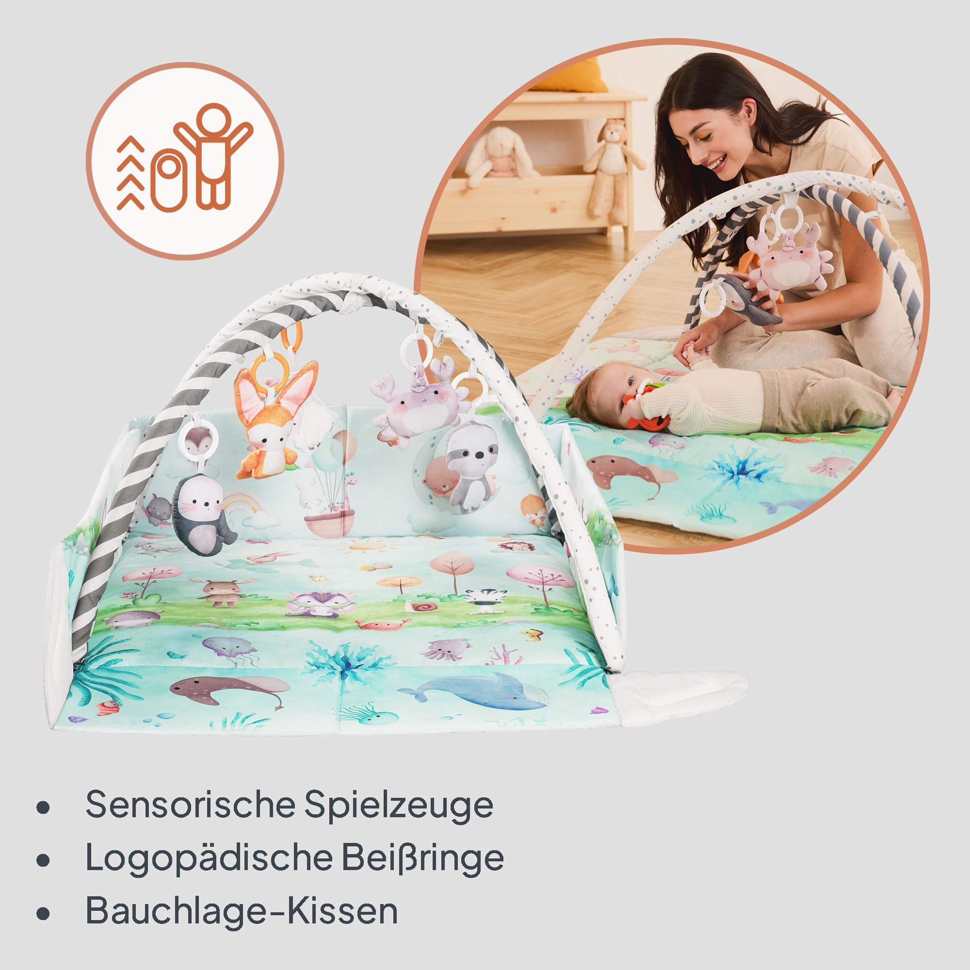 Lionelo Anika Natural Baby Spielmatte aus Bambus 0+ | mit 8 abnehmbaren Spielzeugen & Spielbogen, weiche Activity-Matte für Tummy Time & Bauchlage