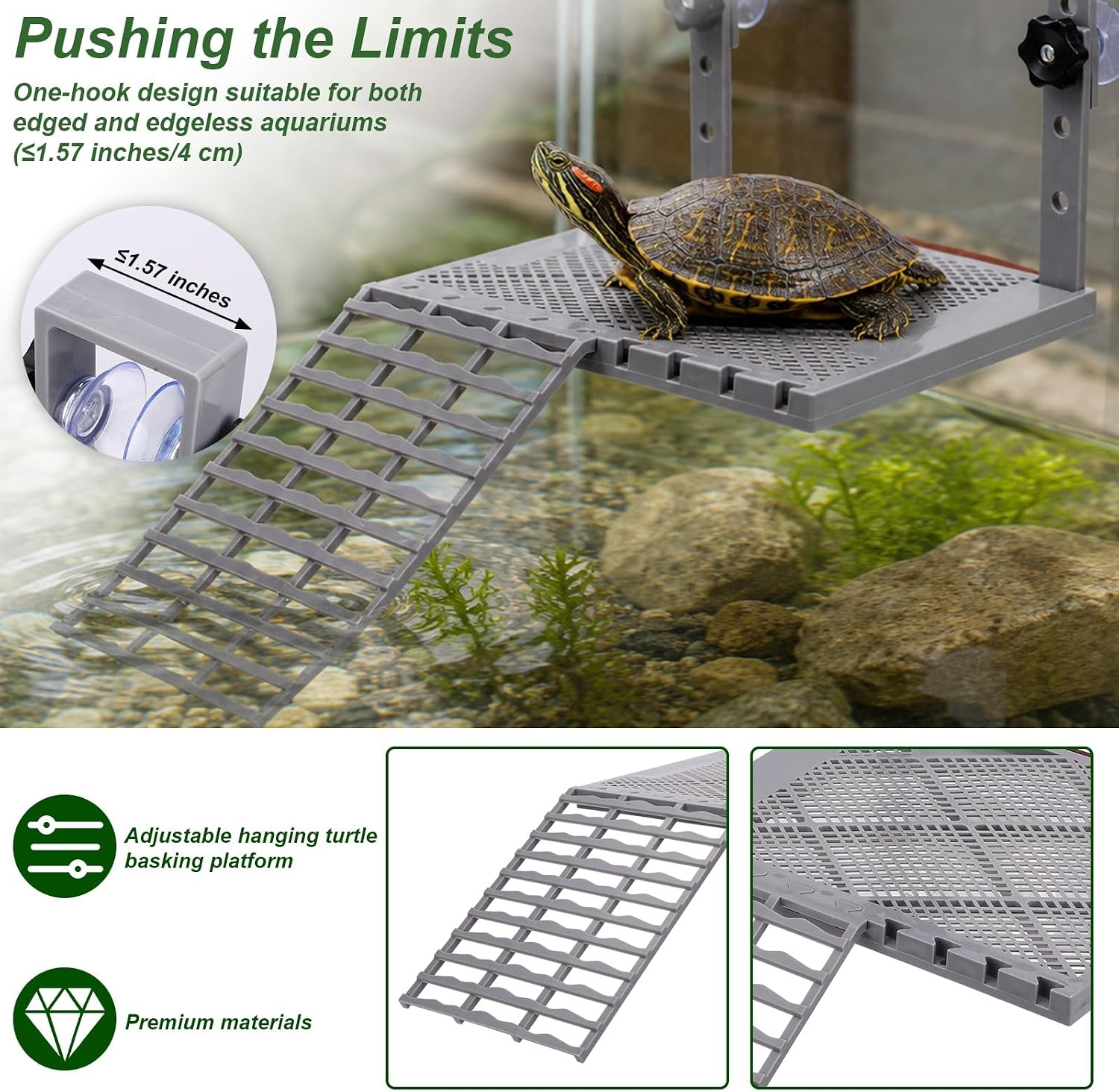 BOXOB Adjustable Hanging Turtle Basking Platform for 20-75 Gal Aquarium | No Zip-Tied Basking Dock with Non-Slip Textured Ramp & Built-in Food Tray Aquatic Turtle Tank Accessories for Frogs Reptiles