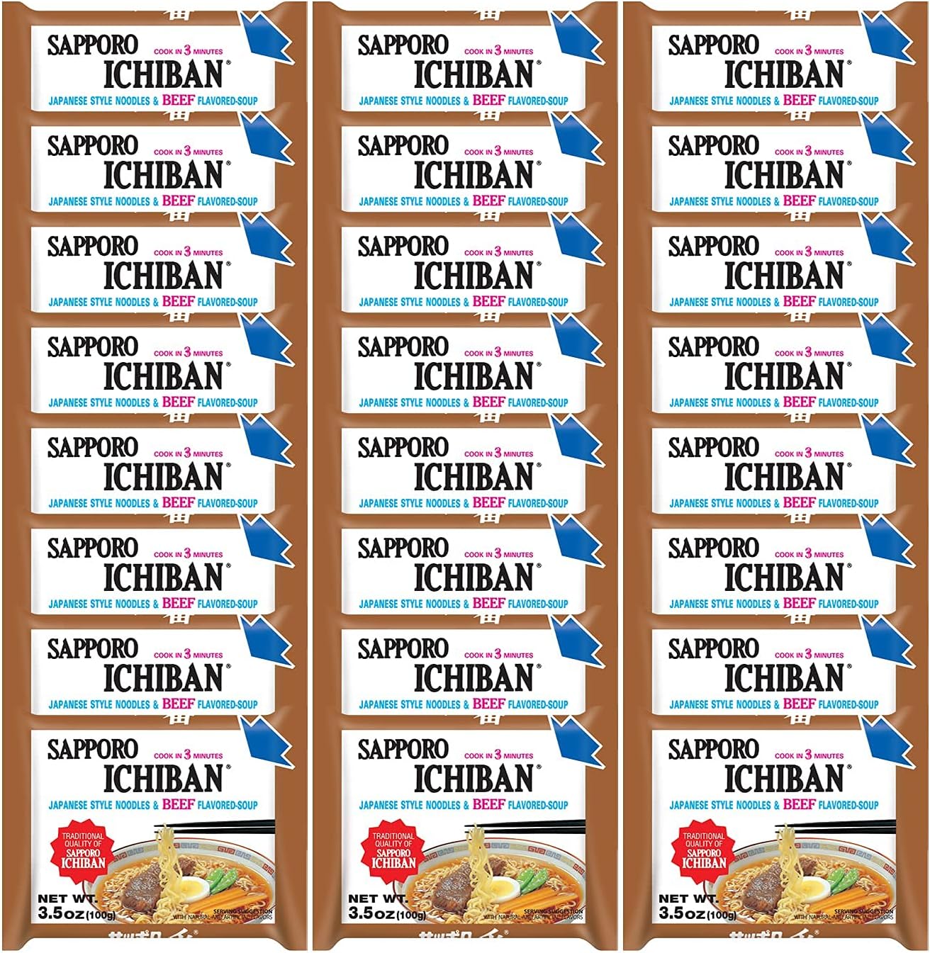 [SAPPORO ICHIBAN] Ramen Noodles, Beef Flavor, No. 1 Tasting Japanese Instant Noodles (3.5 Oz. x 24 packs) | 24 Pack Case