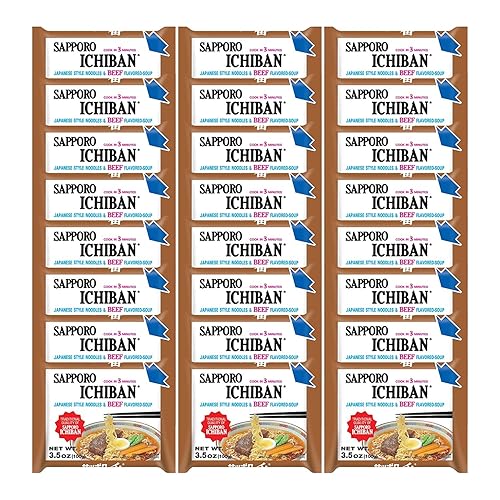 [SAPPORO ICHIBAN] Fideos Ramen, sabor a carne, fideos instantáneos japoneses de sabor nº 1 (3.5 onzas x 24 paquetes) | Paquete de 24 unidades
