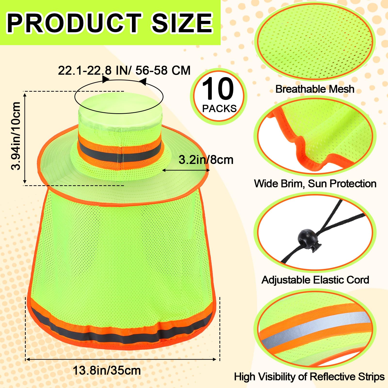 Jexine Cappello riflettente ad alta visibilità con patta per il collo, cappello da sole di sicurezza per gli uomini, cappello da pescatore boonie, 10 pezzi
