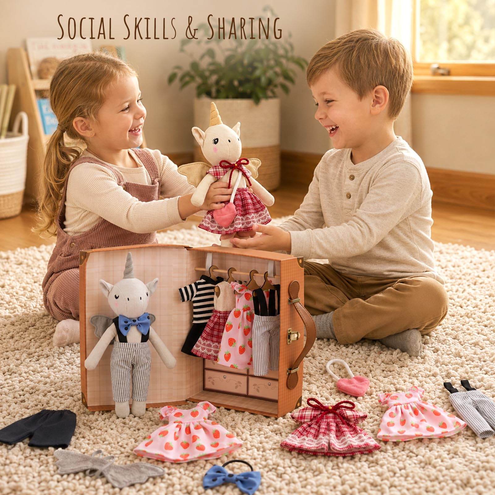 vamei Peluche Unicorno da Vestire Bambina, 36cm Peluche Unicorno Giocattolo Set con Armadio Valigia Portatile, Grucce in Legno, Vestiti per Bambole, Compleanno Natale Regalo per Bambina 3 4 5 6 Anni