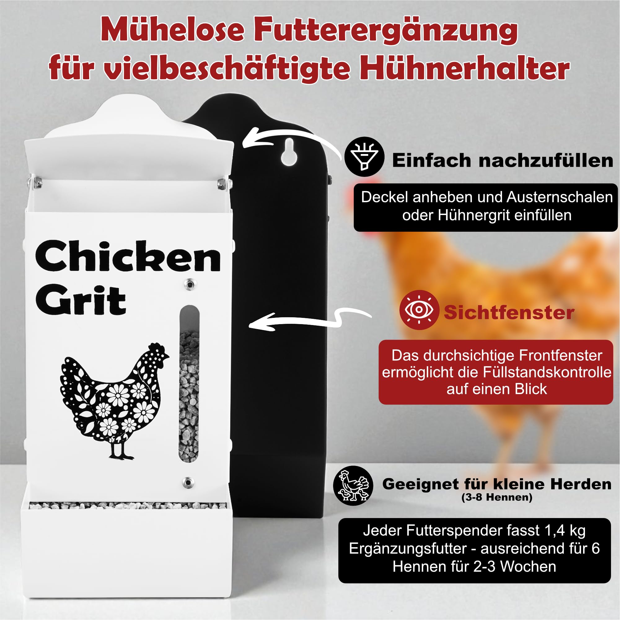Hühnergrit- und Austernschalen-Futterautomat, Wetterfest Verschüttungssicher, Wandmontierter Spender mit Sichtfenster, Hühnerstall Zubehör Geschenk für Hühnerliebhaber