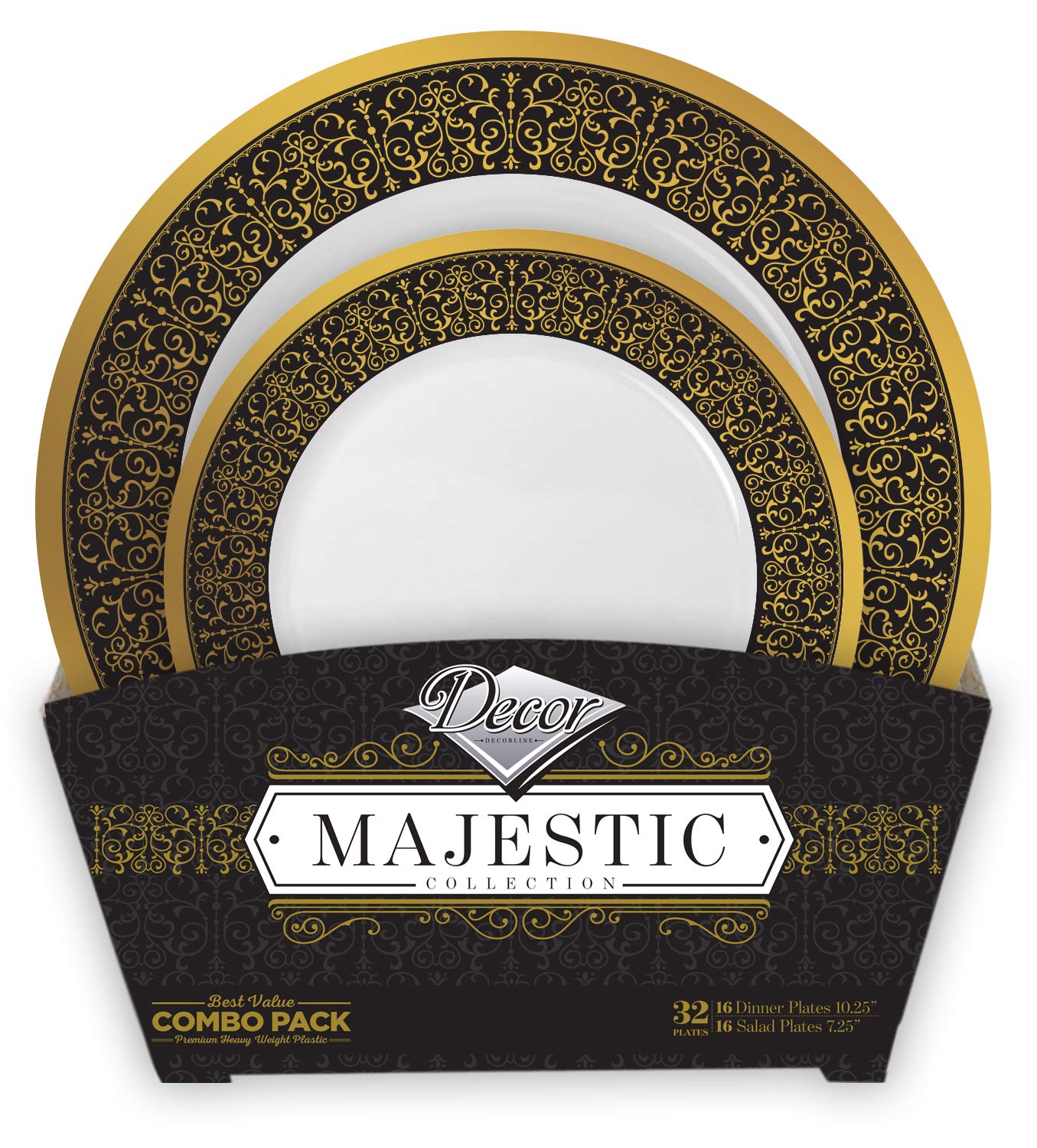 DecorLine Black and Gold Combo Plates - 10" & 7" | Majestic Collection | Pack of 32
