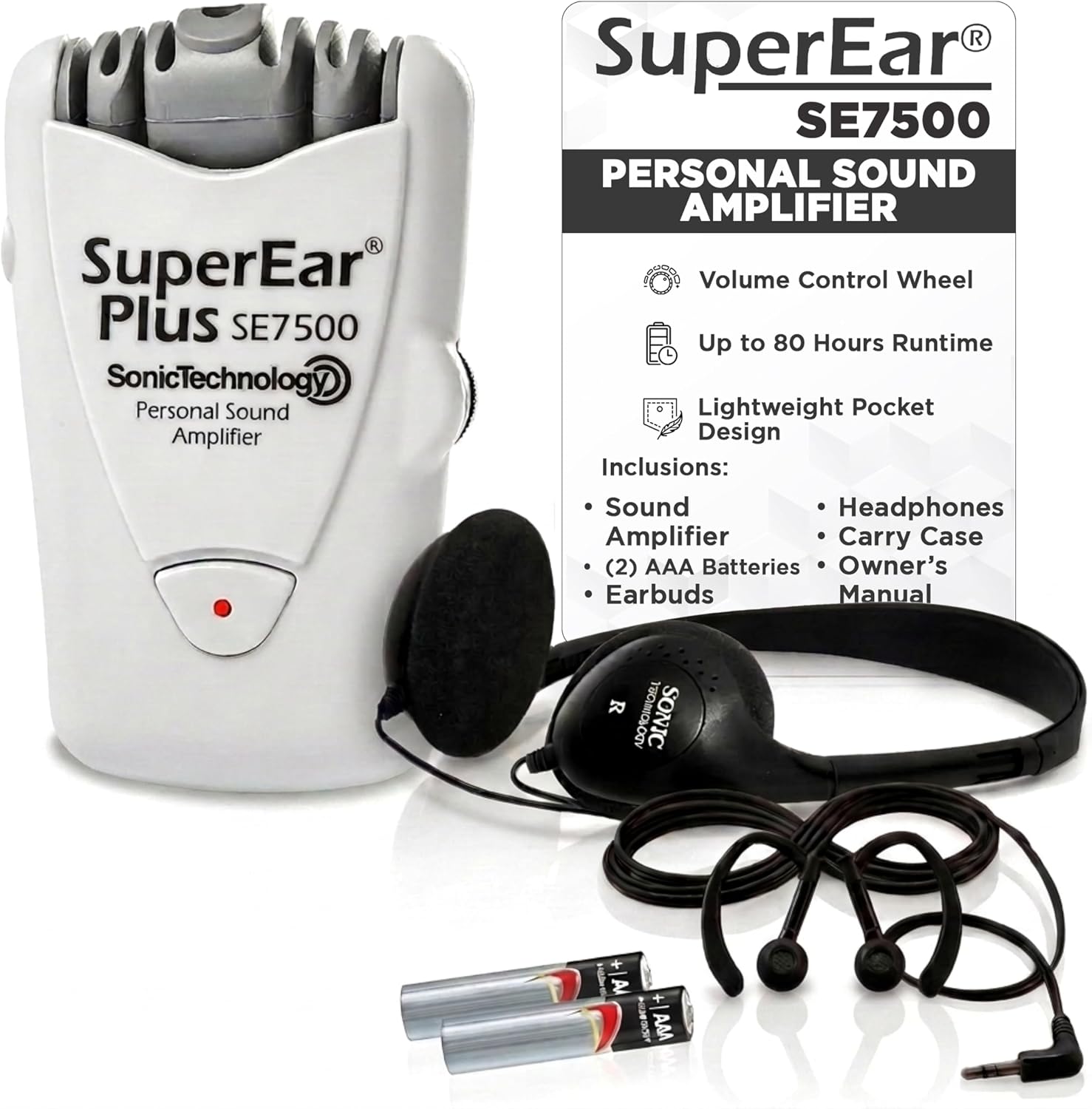 SuperEar SE7500 Personal Sound Amplifier with 50dB Gain, Belt Clip & Headphones for Seniors