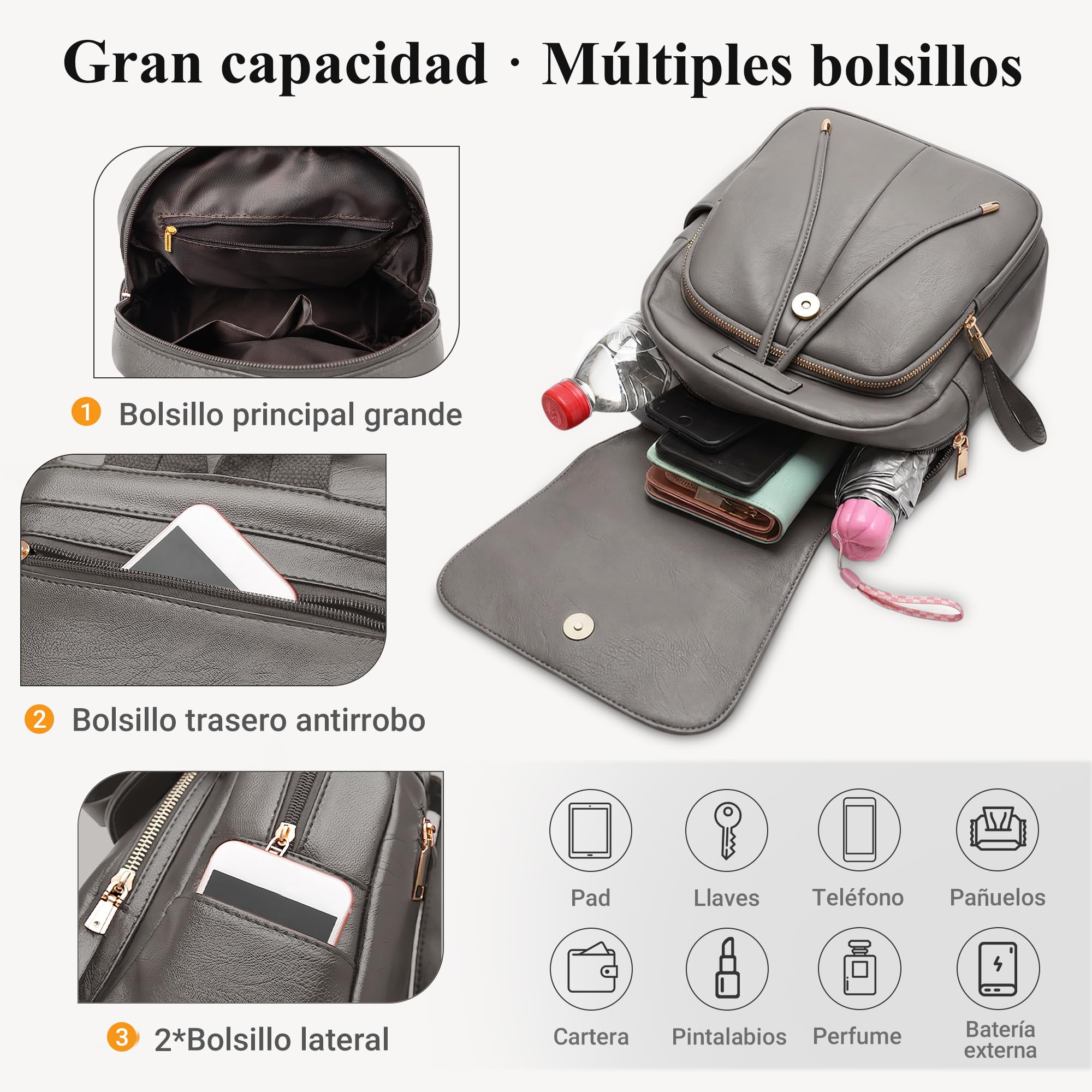 Moda Simple Mochila Mujer Diario Casual Trabajo Mochilas Elegante Bolso De Hombro Viaje Compras Escuela Cuero PU Impermeable Medio Antirrobo Bolso Bolsas De Hombro Gris