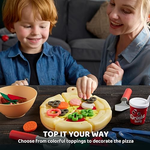 Miniatura 5 de lalalark Play Food - Juguete de pizza con 18 coberturas - Cortar alimentos para niños - Craft 'n Crust - Check Out interactivo - Dinero de juego -
