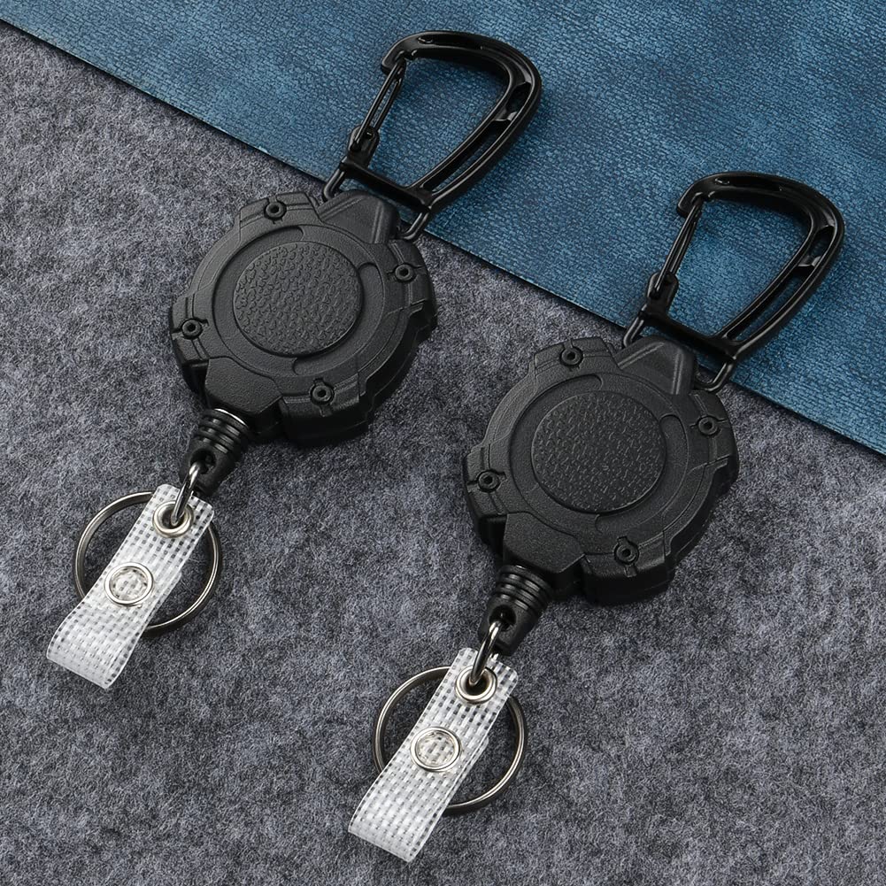 2 intrekbare sleutelhangers, 2 karabijnhaken, sleutelhangers met kaartclip, robuuste intrekbare sleutelhanger met metalen kabelsleutelhanger, geschikt voor sleutels, identiteitskaarten (zwart en rood