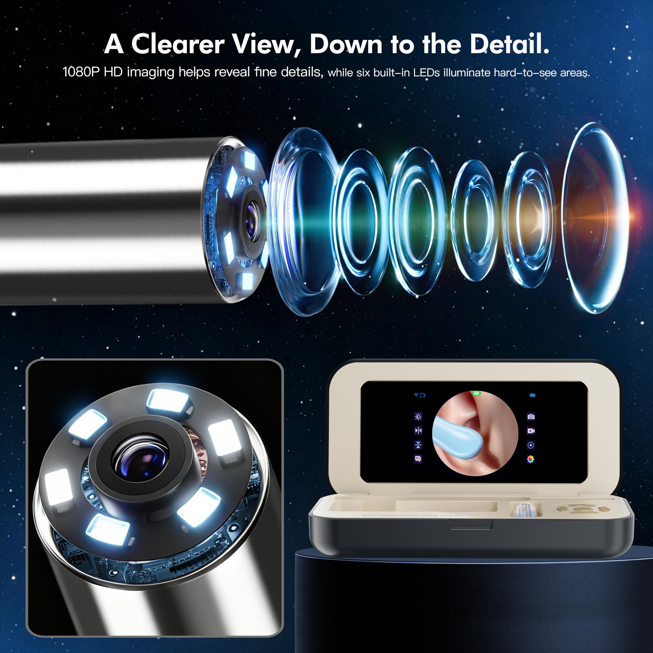 A03 Ear Wax Removal Tool Camera with Screen, 1080P HD Ear Cleaner with Camera, App-Free Otoscope, Charging Case, LED Lights, Ear Camera with TF Card, 10 Soft Silicone Tips for Adults — Amazon image 3