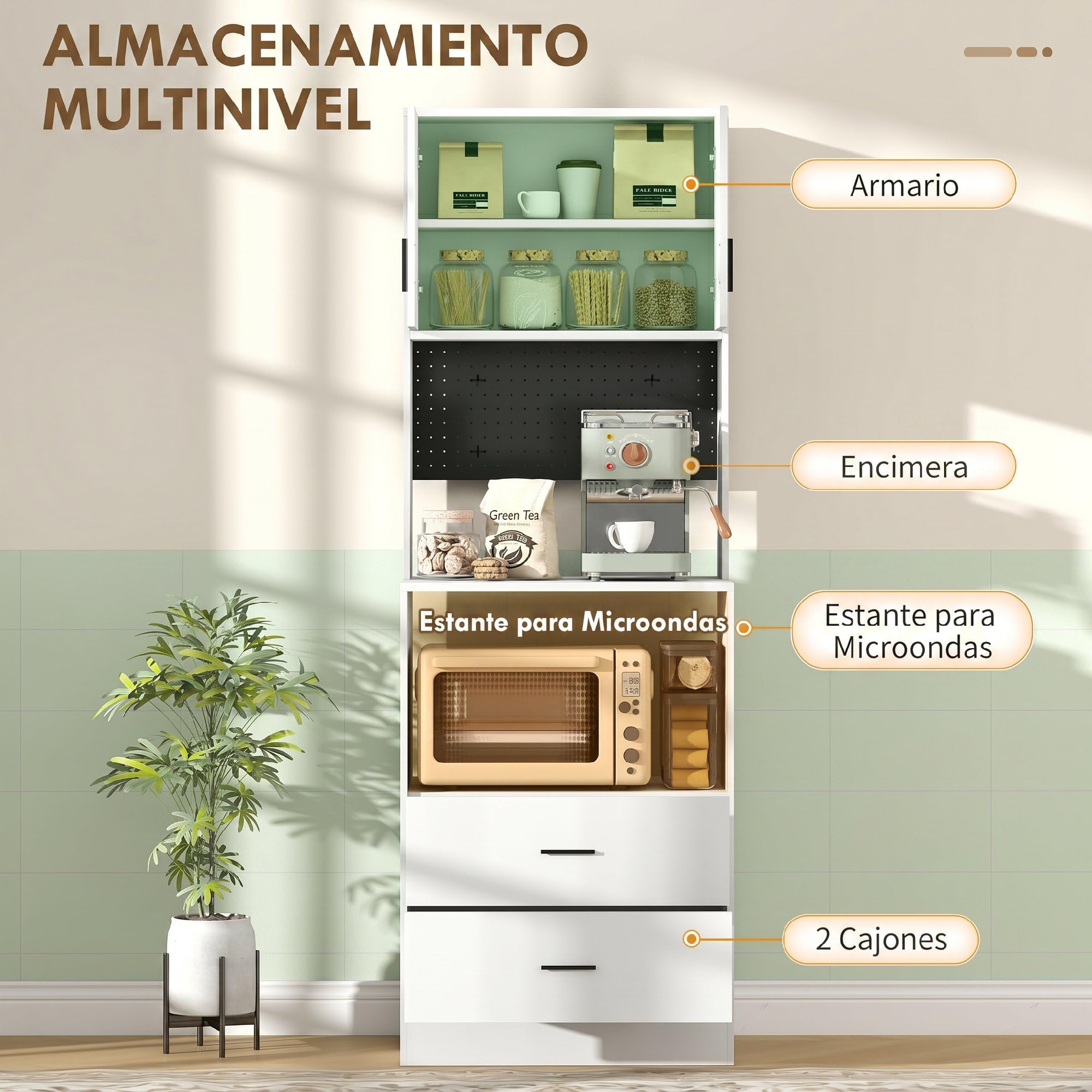 HOMCOM Mueble Auxiliar de Cocina, Aparador de Cocina con Soporte para Microondas, 2 Cajones, 2 Puertas, Estante Ajustable y Panel Perforado de Metal con 4 Ganchos, para Salón, 60x40x170 cm, Blanco