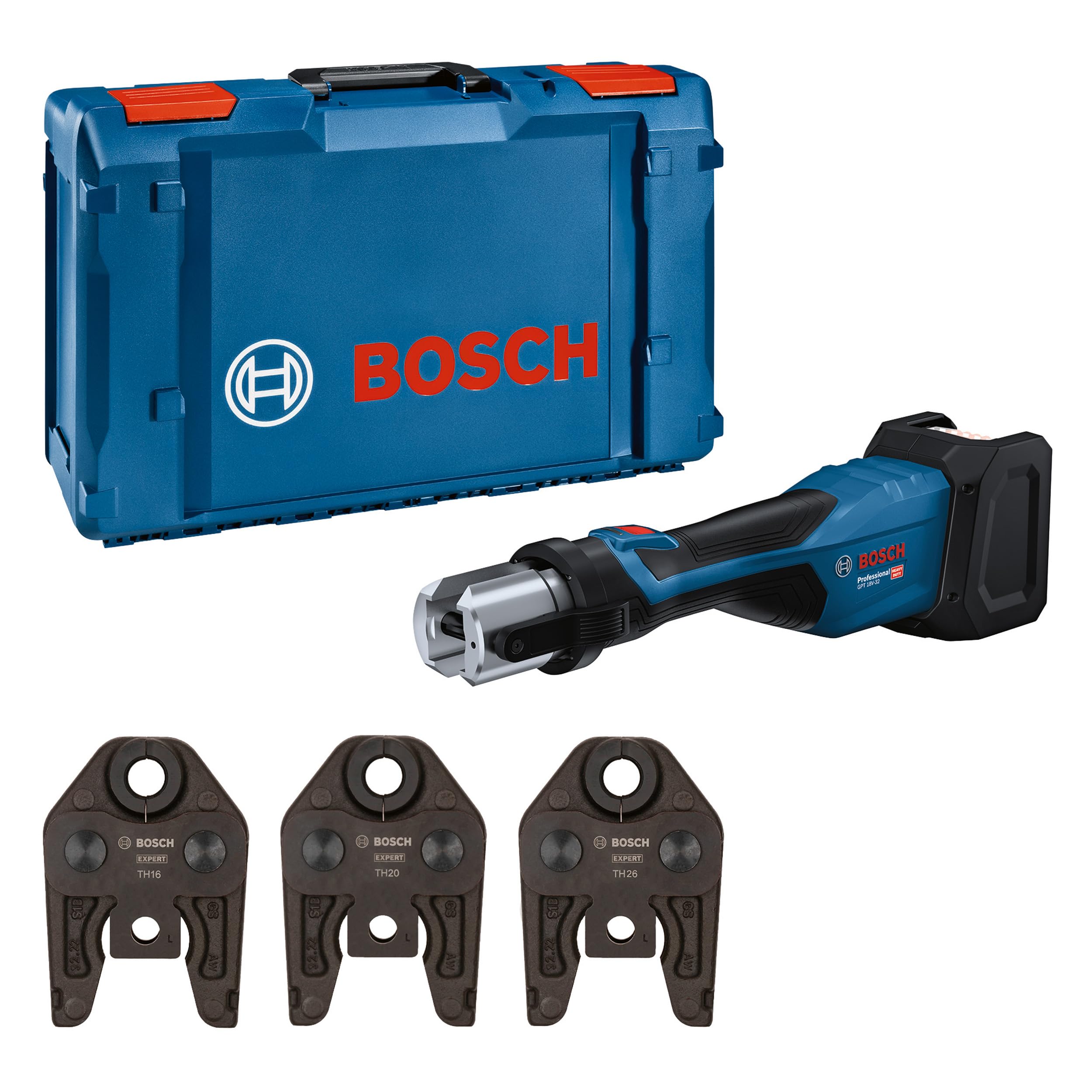 Bosch Professional 18V System sertisseuse sans fil GPT 18V-32 (puissance 32 kN, raccords plastique jusqu'à 110 mm, raccords métal jusqu'à 54 mm, mâchoires de presse standard TH16, TH20, TH26, XL-BOXX)