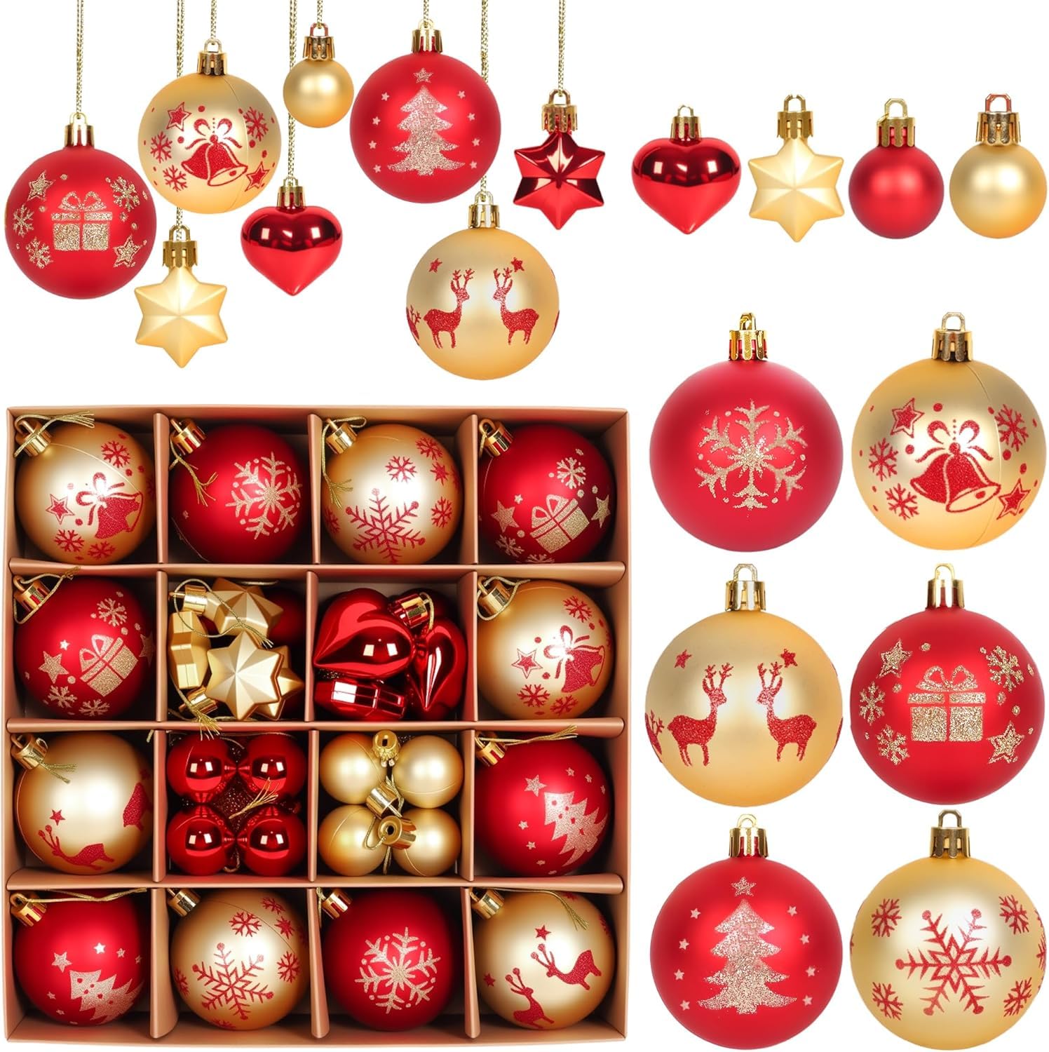 Weihnachtskugeln Kunststoff Rot Gold 40 Stück Weihnachtsbaumschmuck Christbaumkugeln Deko mit Kugeln und Sternen, bruchsicher, zum Aufhängen für Weihnachten,Außen Innen,Feiertage,Party,Heimdekoration