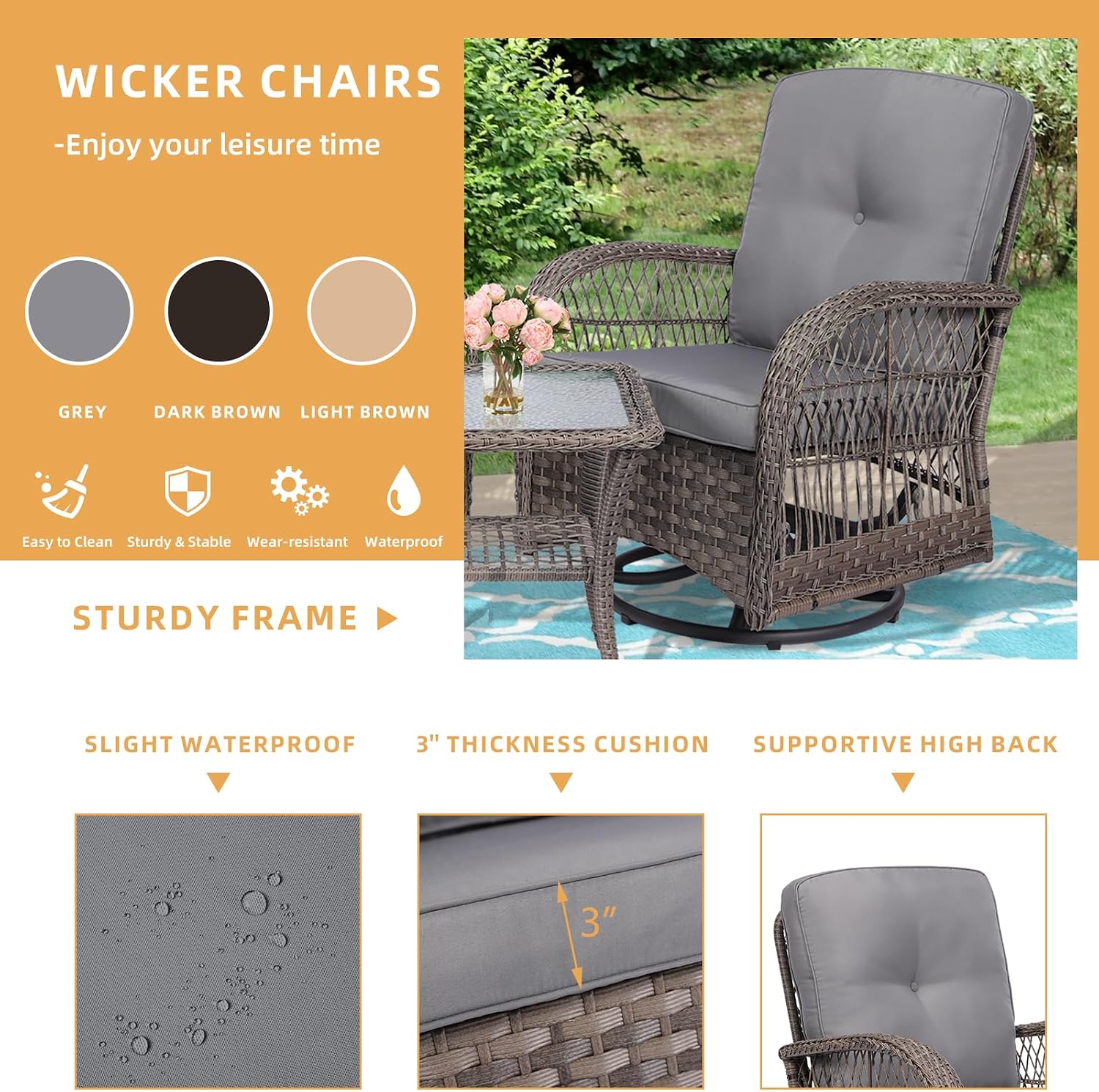 3 Pieces Wicker Patio Bistro Set, Outdoor Furniture Patio Conversation Set of 360 Degree Swivel Glider Rocker Chair with Thickened Cushions and Glass Coffee Table for Backyard (Grey)