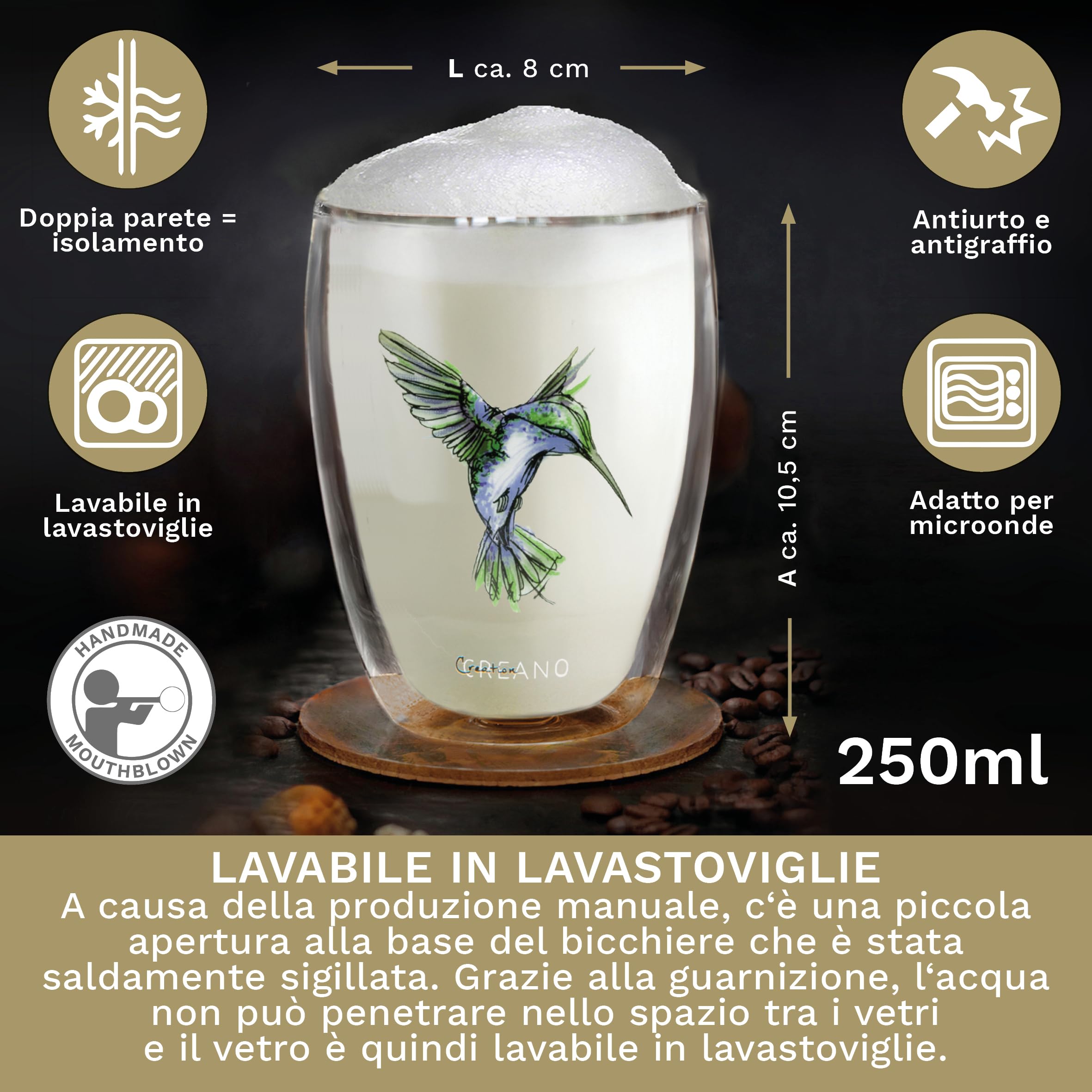 Creano 6 Bicchieri Termici Doppia Parete 250ml Colibrì - Bicchieri Vetro Borosilicato Stampa Uccello blu rosso verde arancione viola giallo – Tazza Termica Latte Macchiato Ideale Regalo - 6x 250ml