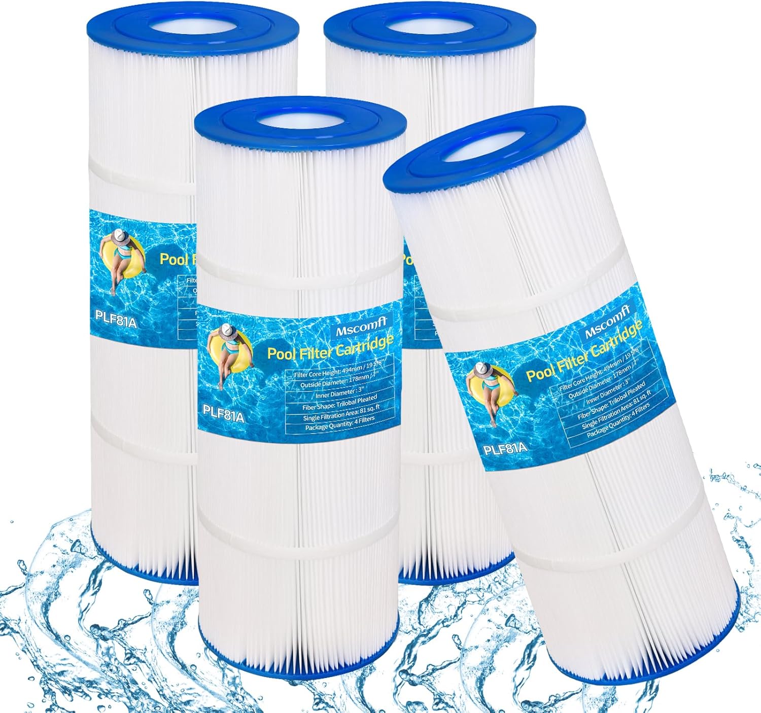 4 Pack PLF81A Pool Filters, Pool Filters for Above Ground Pools Replaces for Hayward C580E, Unicel C-7483, Hayward SwimClear C3020, C3025, Filbur FC-1225, FC-6425, L x OD:19 5/8”x7”, 4X81 Sq.Ft