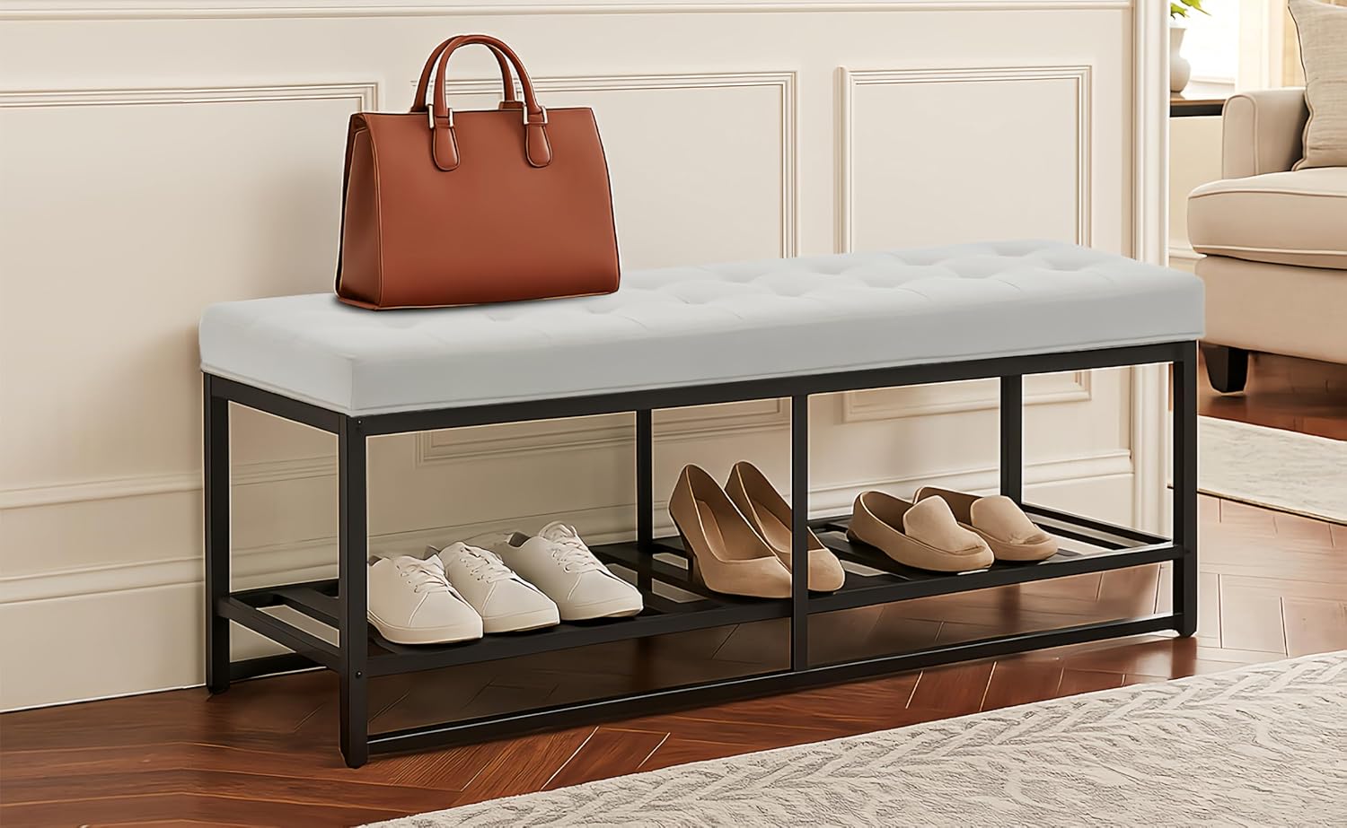 53.9" Ottoman with Storage, Entryway Bench, Upholstered Storage Ottoman Bench, End of Bed Bench with Iron Frame, Tufted Linen Fabric Foot Rest for Bedroom, Living Room, Foyer, Indoor Use White