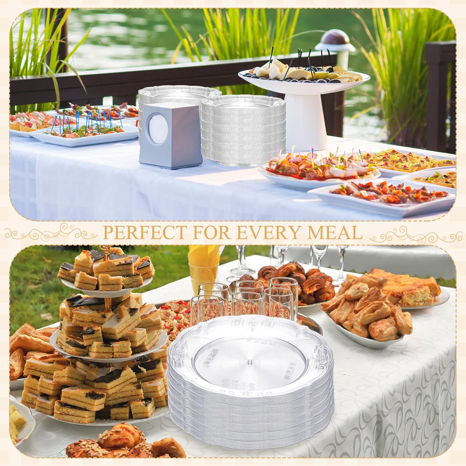 100 Pieces Plastic Plates 9.5 Inch Washable Reusable Disposable Heavy Duty Hard Fancy Dessert Plates for Weddings Dinner Parties and Events(Classic Style, Clear)