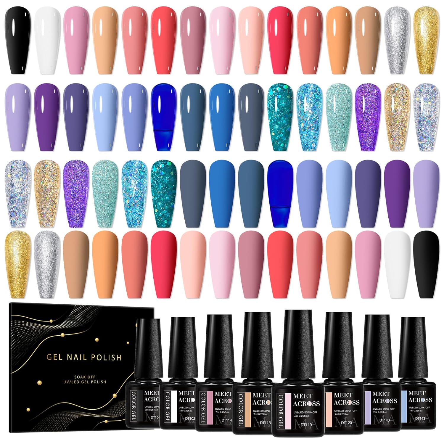MEET ACROSS 30pcs Gel Nail Polish Set, 30 Colors Gel Polish All Seasons Nude Pink Blue Glitter Gold Silver Black White Nails Art Kit DIY Salon at Home