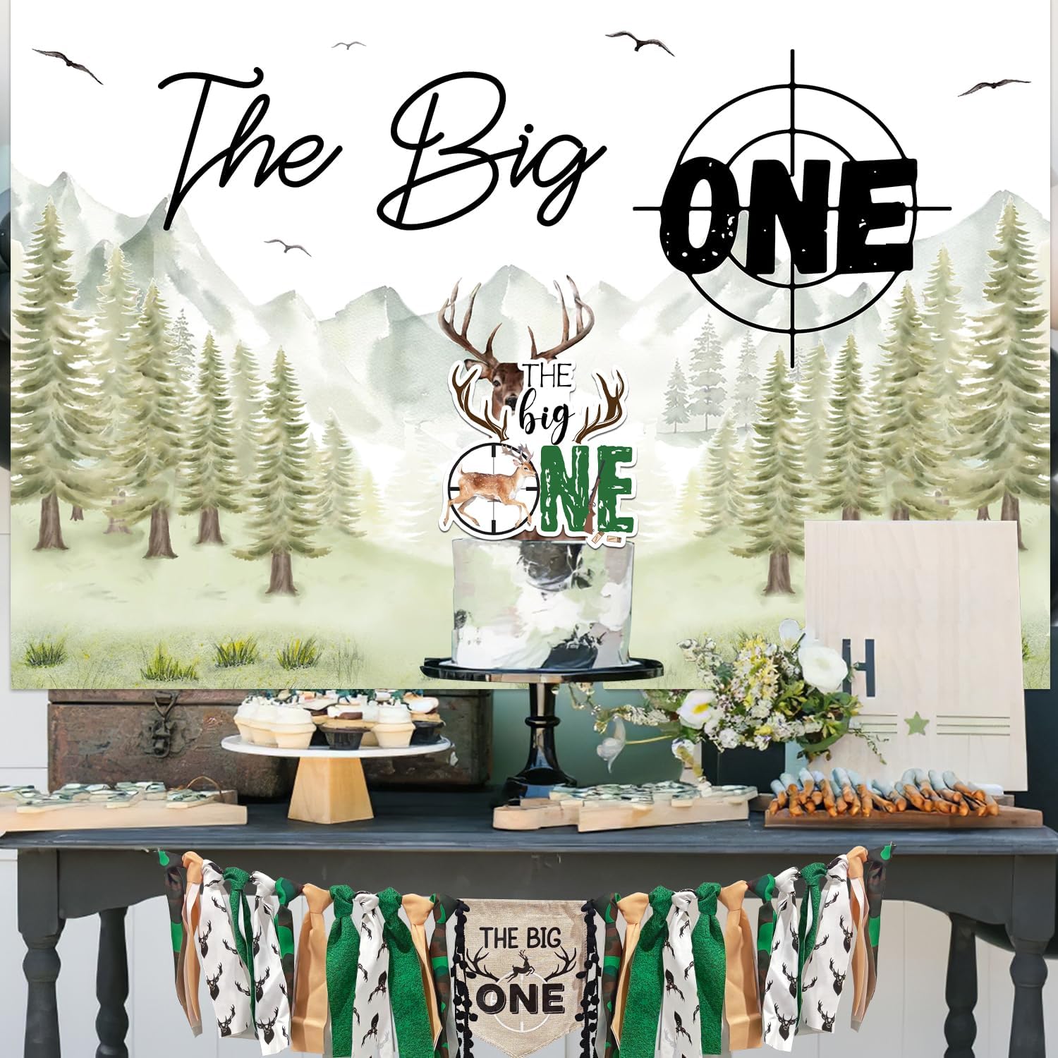 The Big One Deer 1st Birthday Decorations Deer Hunting Theme Forest Birthday Backdrop The Big One High Chair Banner Latex Balloon for Boys Camo Deer Deer Hunting Theme First Birthday Decor Supplies