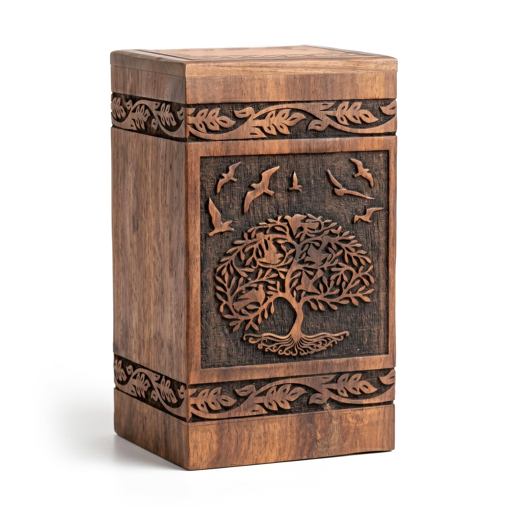 Mars Exports Wooden Cremation Urns Box for Human Ashes, Memorial Keepsake Boxes for Adults, Male/Female,Child, Pets Dog Cat Wood Burial Funeral Container (Peace Birds) Urn, Capacity (SMALL)