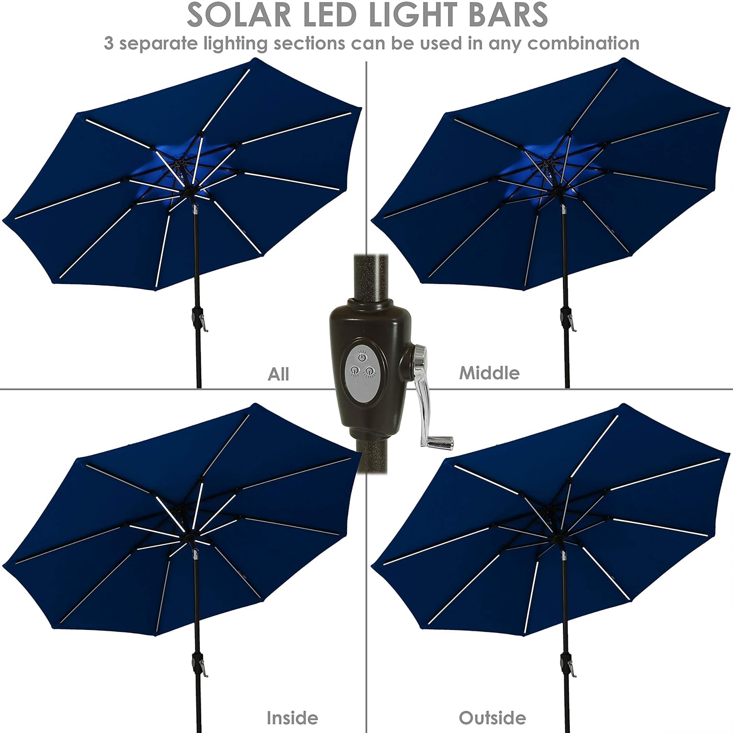 Sunnydaze 9-Foot Sunbrella Tilting Patio Umbrella with Solar LED Light Bars - Pacific Blue