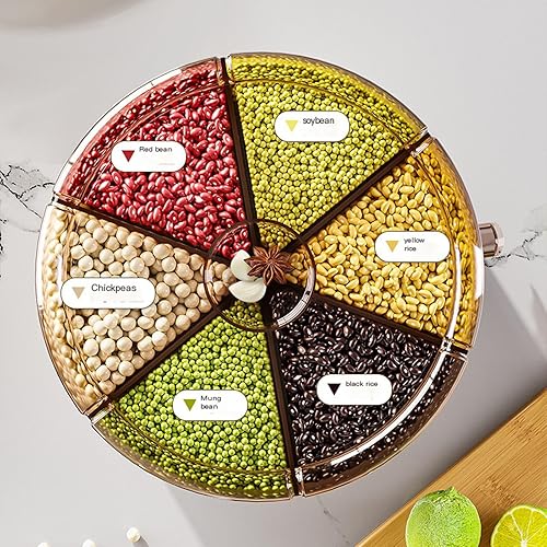 Miniatura 3 de Dispensador de granos, dispensador de alimentos secos giratorio de 360 grados con 6 compartimentos, salida de un solo clic, dispensador de granos