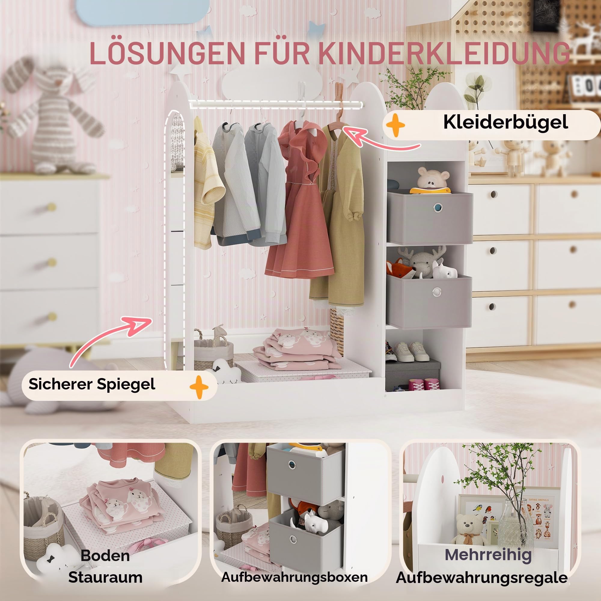 AIYAPLAY Kleiderstange für Kinder, mit Aufbewahrungsregal, Boxen, Spiegel, Kinderschrank für Schlafzimmer, Kinderzimmer, Weiß