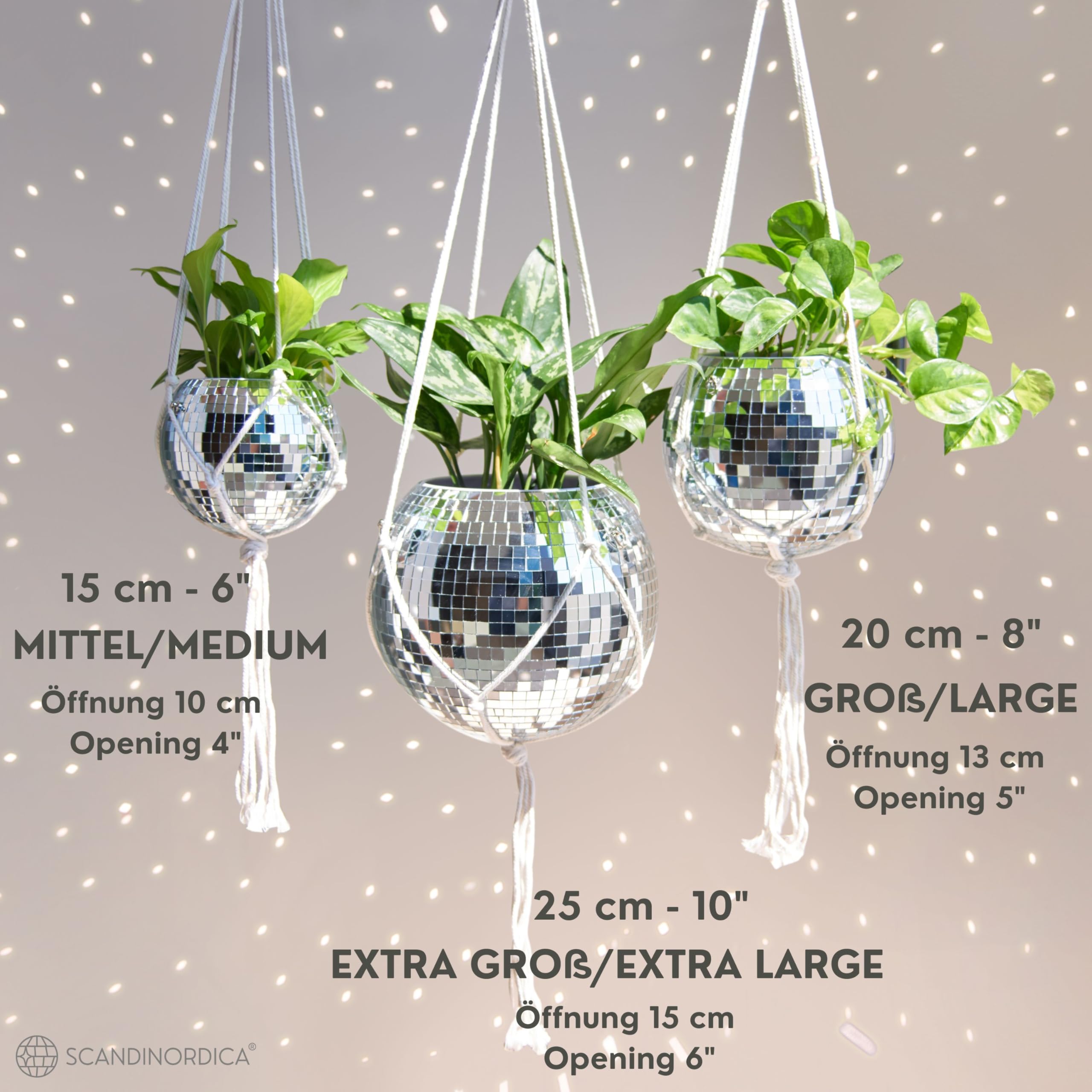 SCANDINORDICA Discokugel blumentopf - Spiegelkugel hängende blumentöpfe, diskokugel Pflanzen, discokugel deko übertopf makramee, Geschenk Freundin | Disco Kugel pflanzentopf – 15 cm Silber