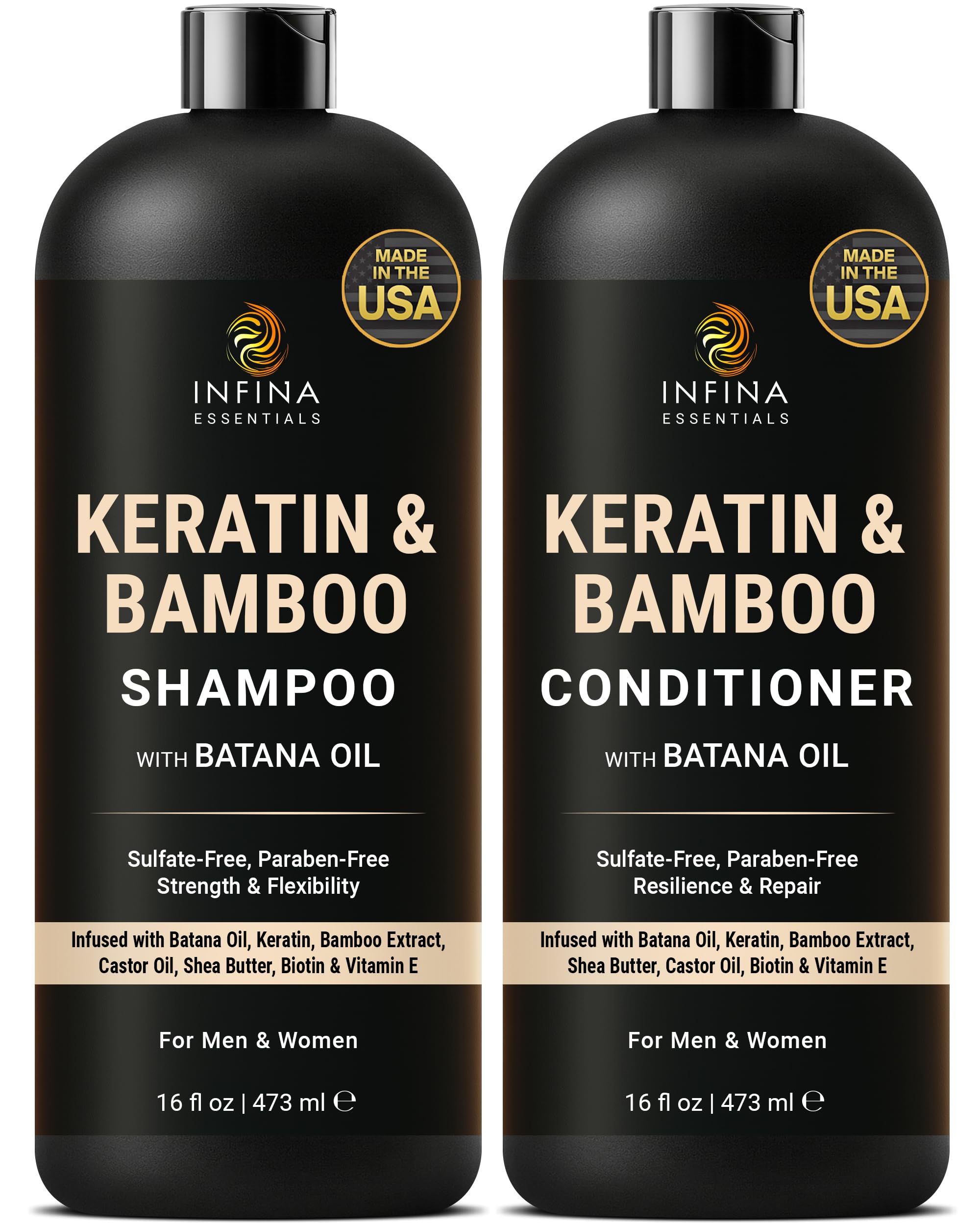 INFINA ESSENTIALS Keratin Shampoo and Conditioner Set | Frizz Control & Smoothing with Batana Oil & Bamboo Extract | Sulfate-Free | Men & Women | 16