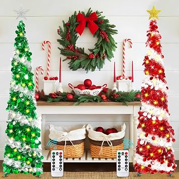 HISFFOG 2 PCS 5FT Pop Up Christmas Tinsel Tree with 8 Rmote Lights Modes Red & White & Green & Sliver