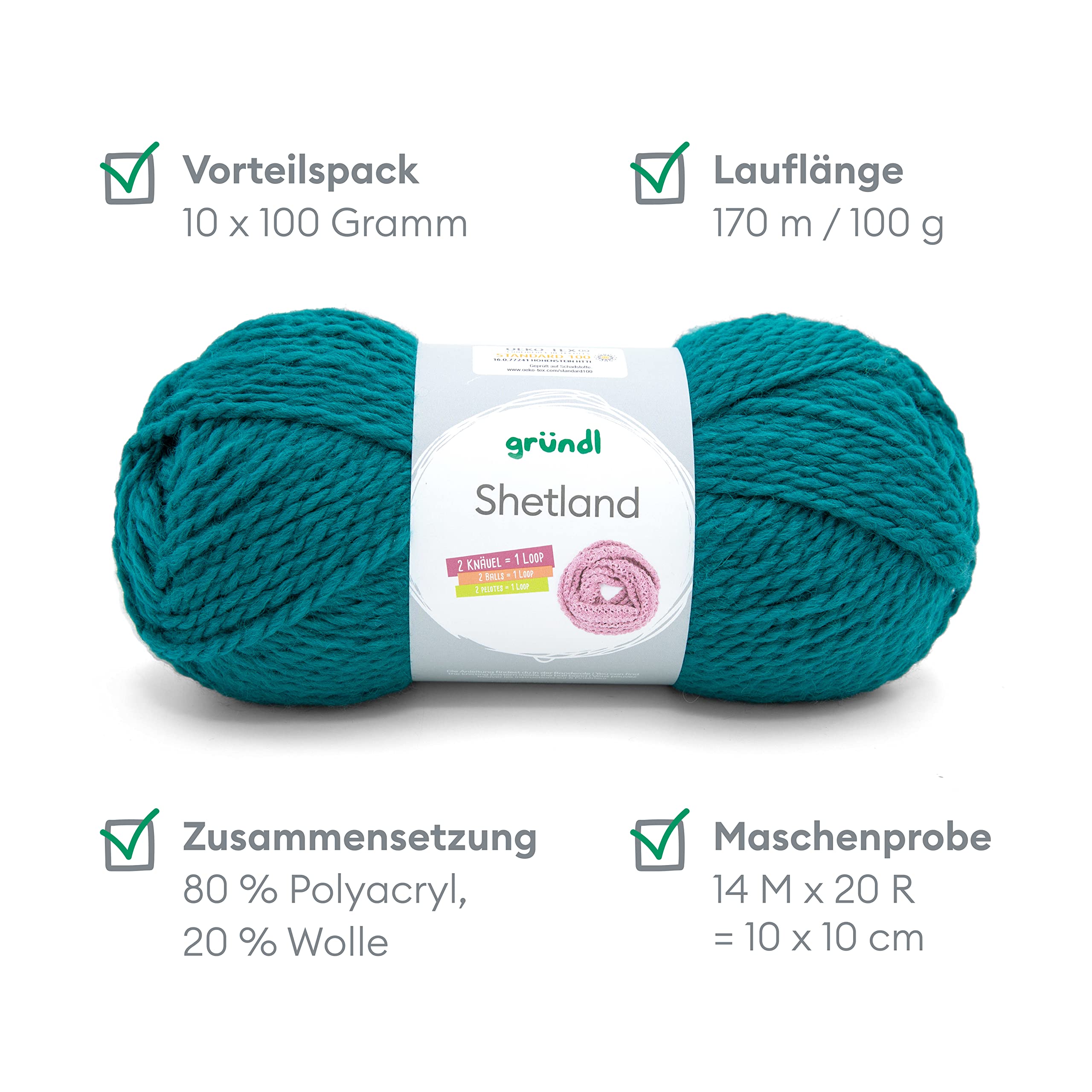 Gründl Wolle Shetland - Winterwolle - 10 Knäuel 100 g, petrol | Dicke Wolle zum Häkeln und Stricken Weich und wärmend - 80 % Polyacryl, 20 % Wolle - 100 g / 170 m - Nadelstärke 7-8