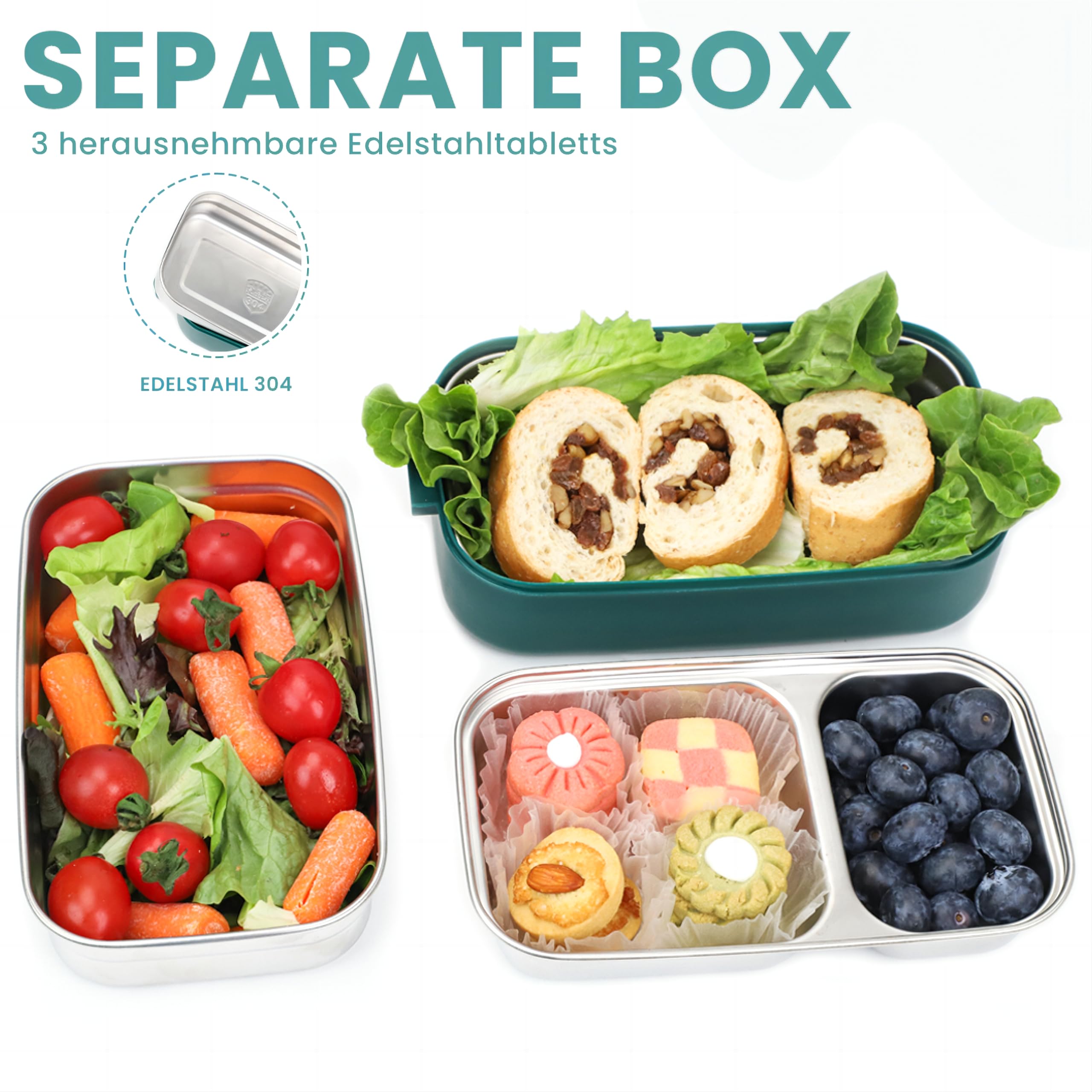 Bugucat Bento Box 1700ML, 3 in 1 Boite Bento Acier Inoxydable Lunch Box Boîte à Repas en Plastique pour Enfant Adulte, Bento Boîte à Déjeuner Sécurité Anti-Fuite Écologique Hermétique Boîtes Bento