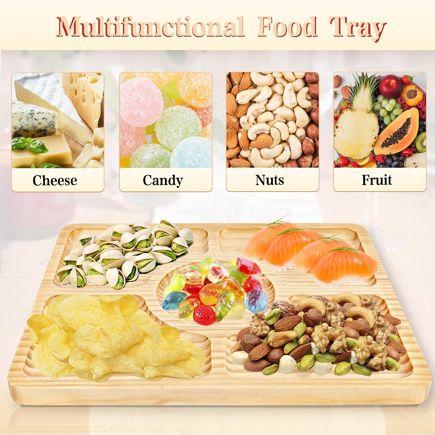 Divided Wood Serving Tray, Rectangular Tray Chip and Dip Platter 5 Sections