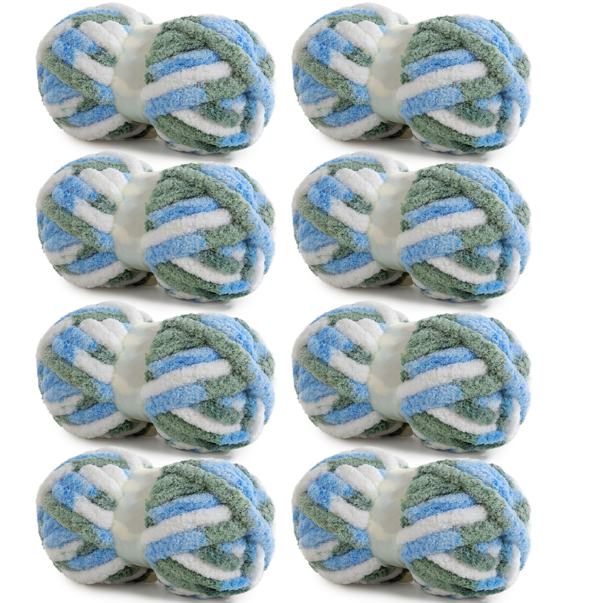 HOMBYS 8 Pack Giant Chunky Yarn for Crocheting,Super Bulky Large Soft Fluffy Yarn,Tie Dye Plush Fuzzy Yarn,Mixed Color Thick Chenille Yarn for Hand Knitting/Arm Knitting (Sky Blue,Green,White) — image 1