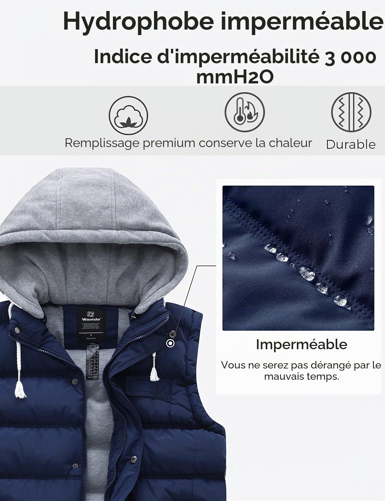 Wantdo Femme Gilet à Capuche Amovible Veste sans Manches Rembourrée Epaise | Gilet Sans Manches,Matelassé,Décontracté,en Tissu épais,Thermique,Coupe-vent,Chaud,Vêtement d'hiver,avec Isolation Thermique