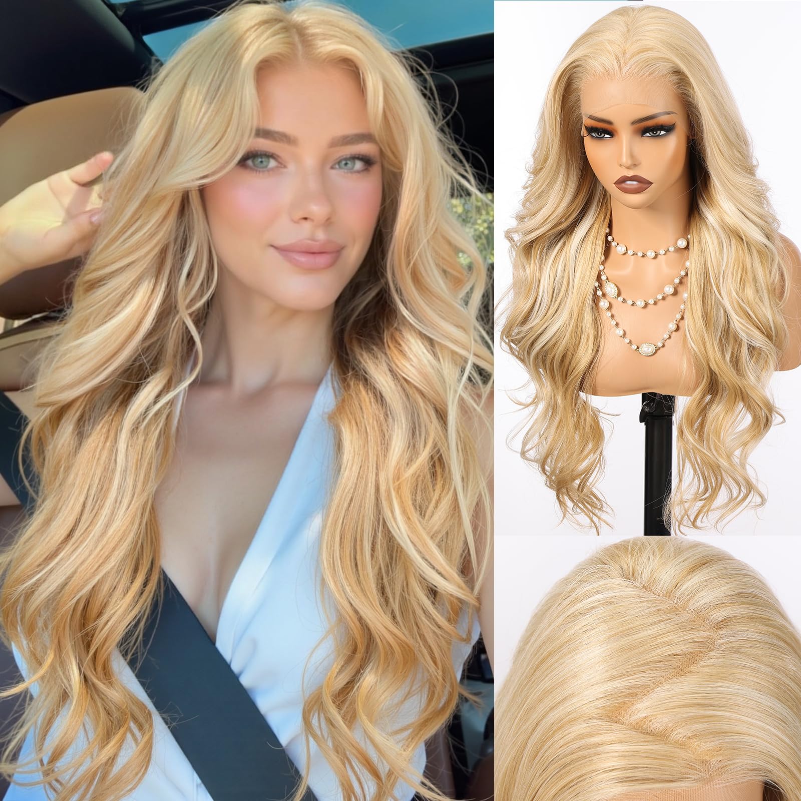 HAIRCUBE 13×6 Glueless Lace Front Wavy Wig, 26 Inch Lace Synthetic Wigs for Women Blonde Color